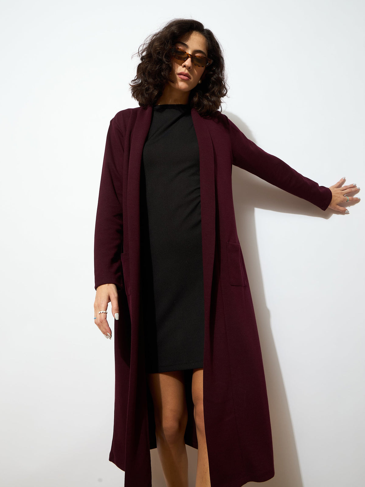 Burgundy Rib Longline Shrug-SASSAFRAS