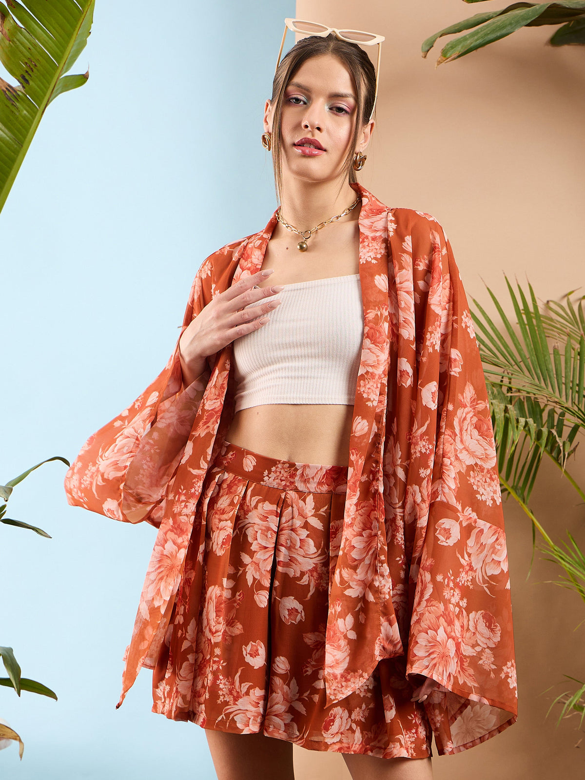 Rust Floral Front Open Kimono Shrug-SASSAFRAS