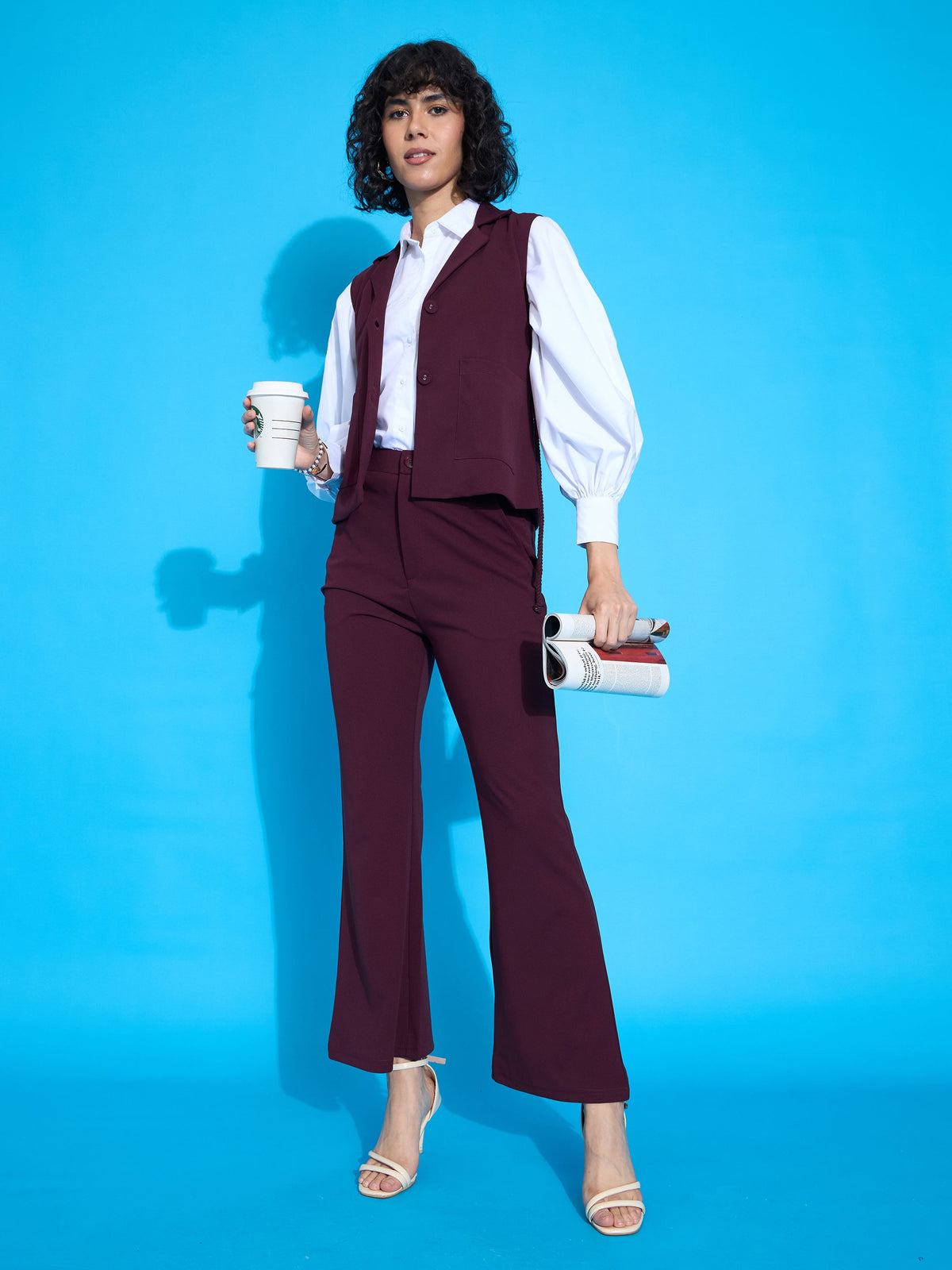 Burgundy Sleeveless Front Tie-Up Blazer-SASSAFRAS worklyf