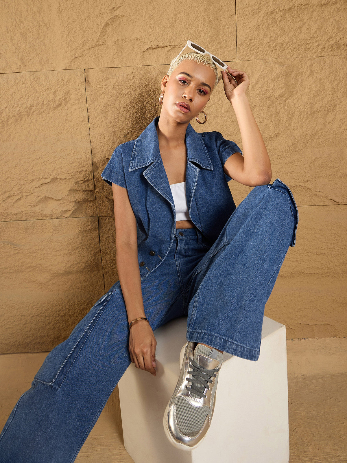 Blue Denim Washed Front Open Crop Gilet-SASSAFRAS