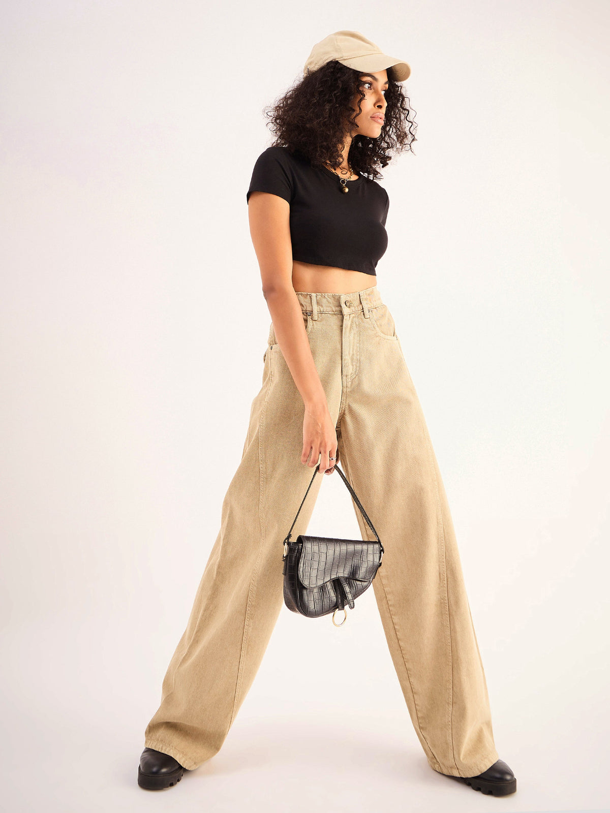 Beige Seam Detail Wide Leg Jeans -SASSAFRAS BASICS