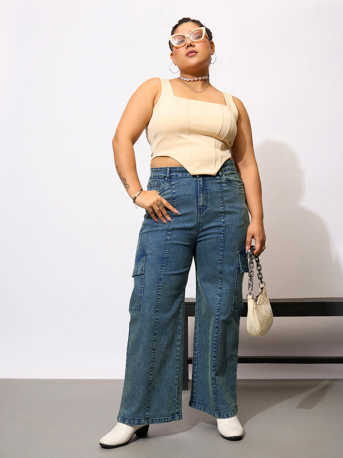 Blue Denim Acid Wash Flap Pocket Cargo Jeans-SASSAFRAS Curve