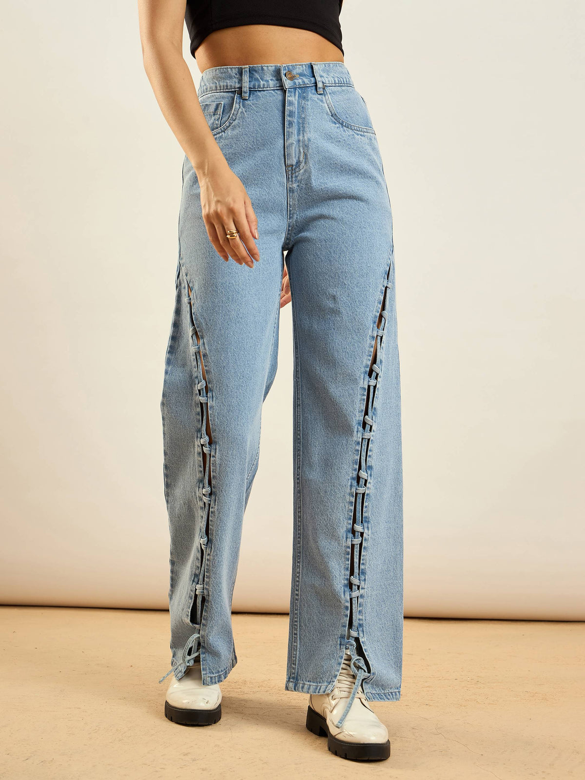 Ice Blue Dori Insert Detail Straight Fit Jeans -SASSAFRAS