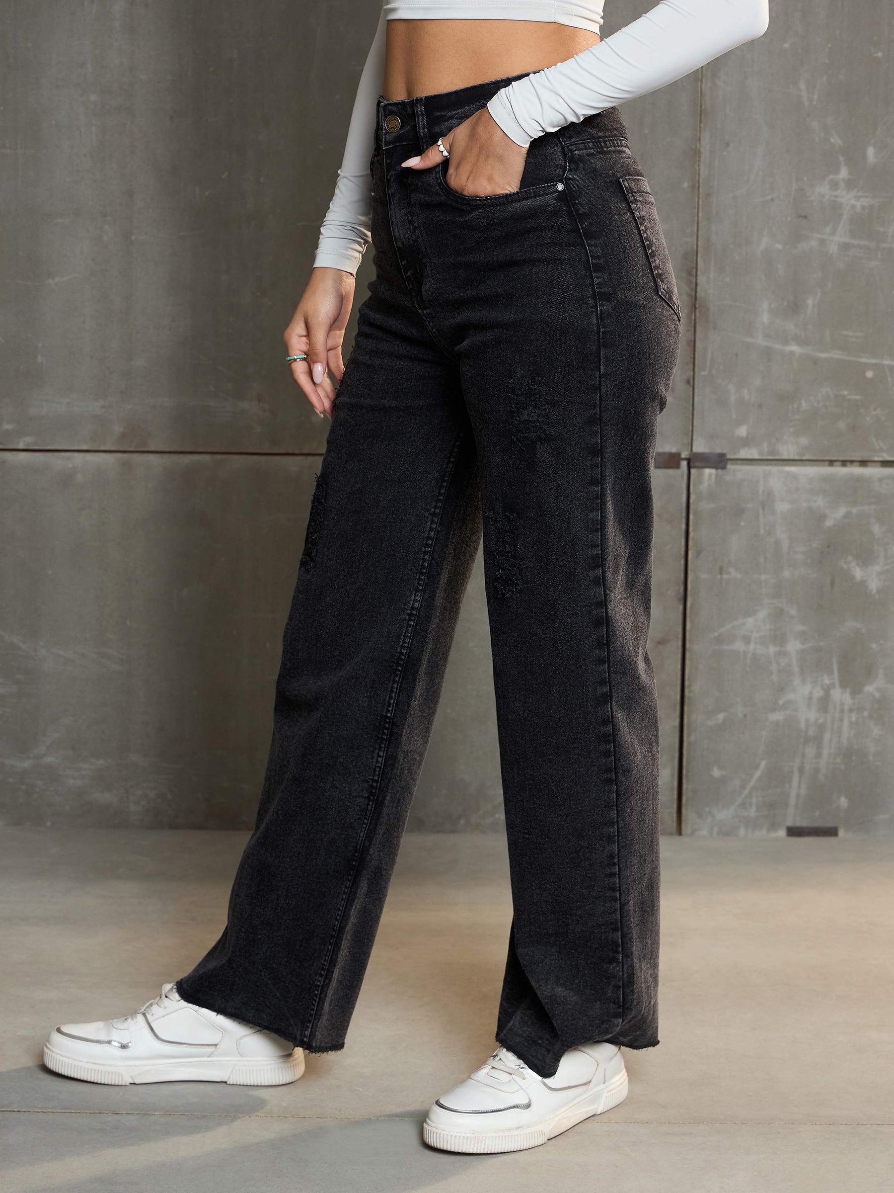 Black Washed Denim Premium Front Detail Straight Jeans-SASSAFRAS
