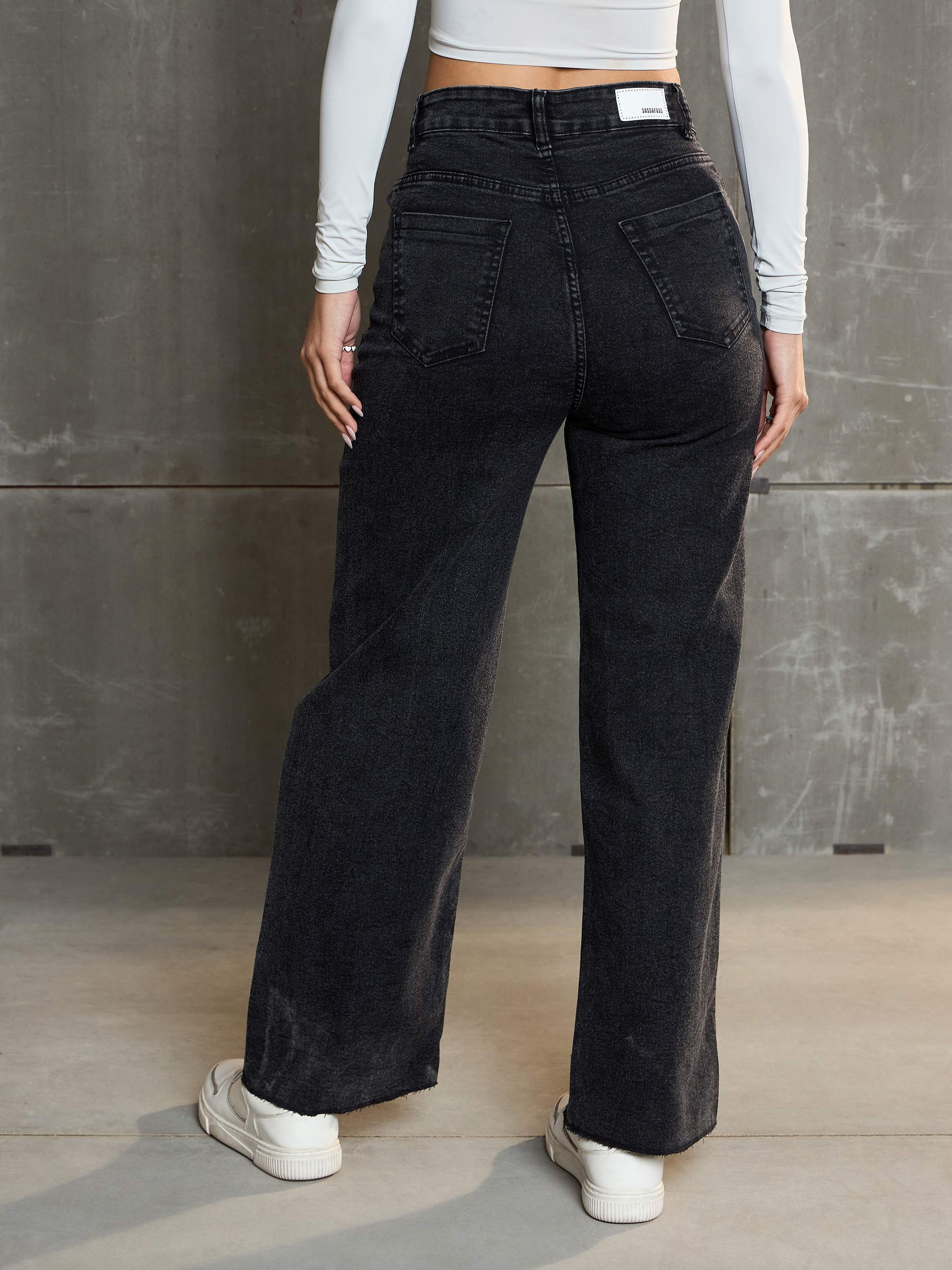 Black Washed Denim Premium Front Detail Straight Jeans-SASSAFRAS