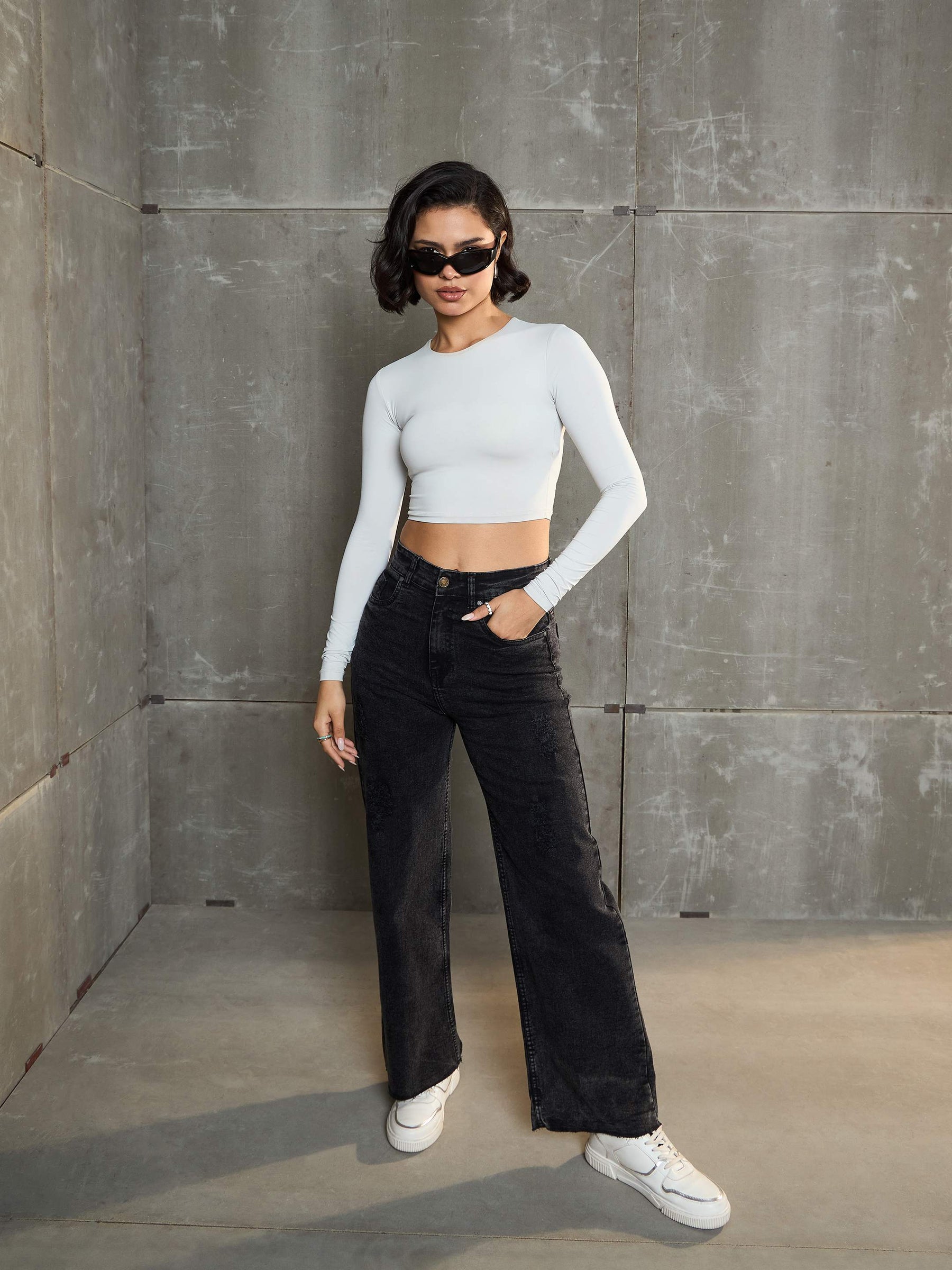Black Washed Denim Premium Front Detail Straight Jeans-SASSAFRAS