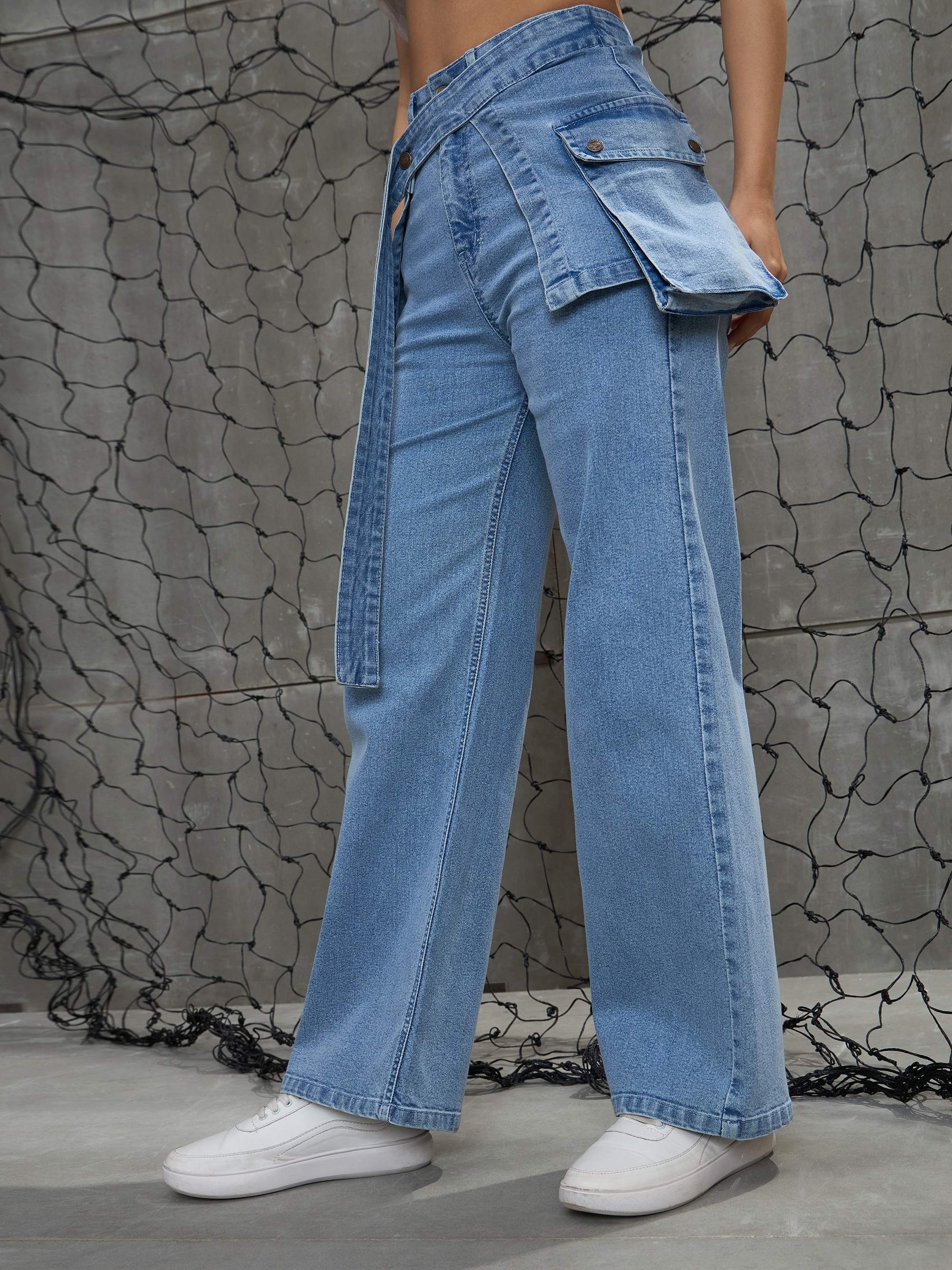 Blue Denim Belted Streight Fit Jeans-SASSAFRAS