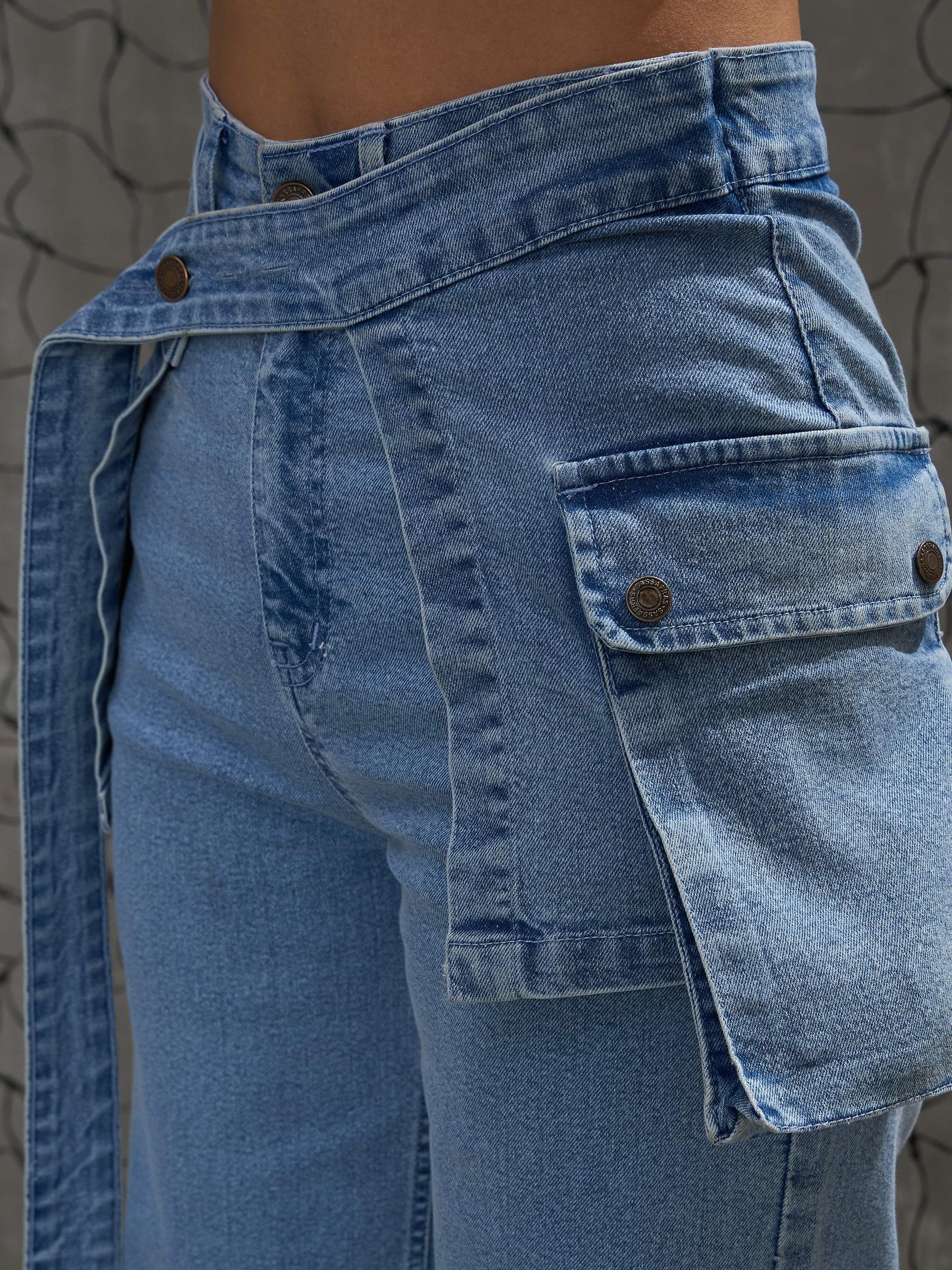 Blue Denim Belted Streight Fit Jeans-SASSAFRAS