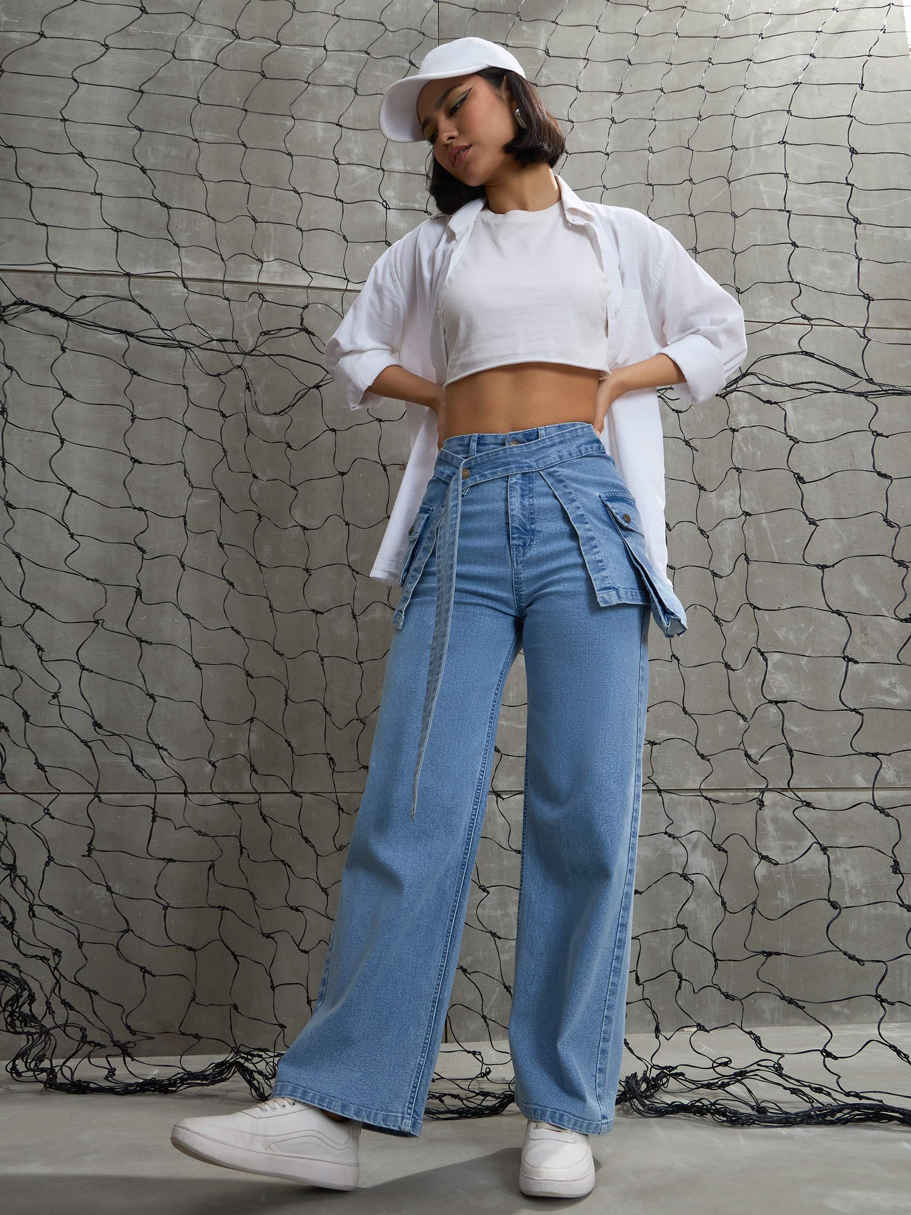 Blue Denim Belted Streight Fit Jeans-SASSAFRAS