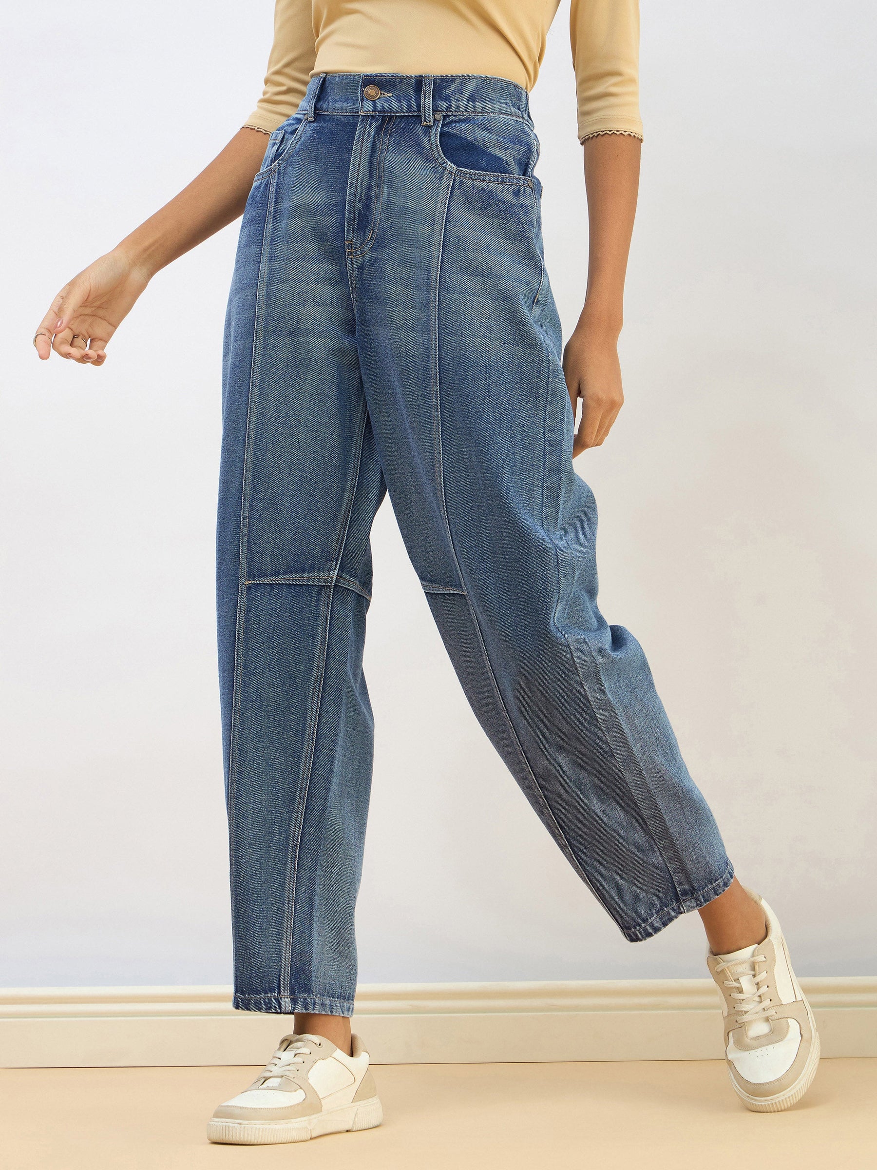 Blue Washed Balloon Fit Jeans-SASSAFRAS BASICS