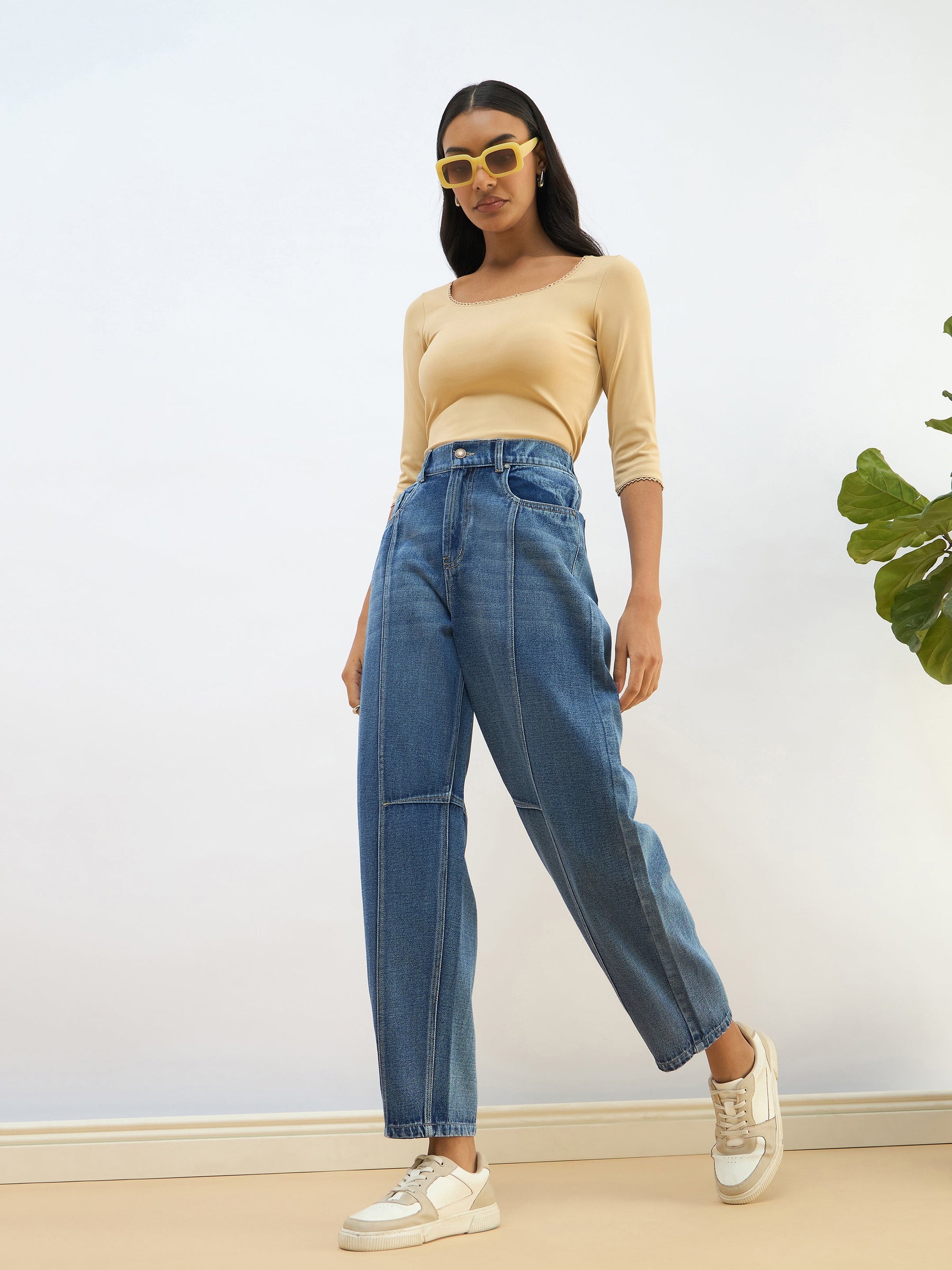 Blue Washed Balloon Fit Jeans-SASSAFRAS BASICS