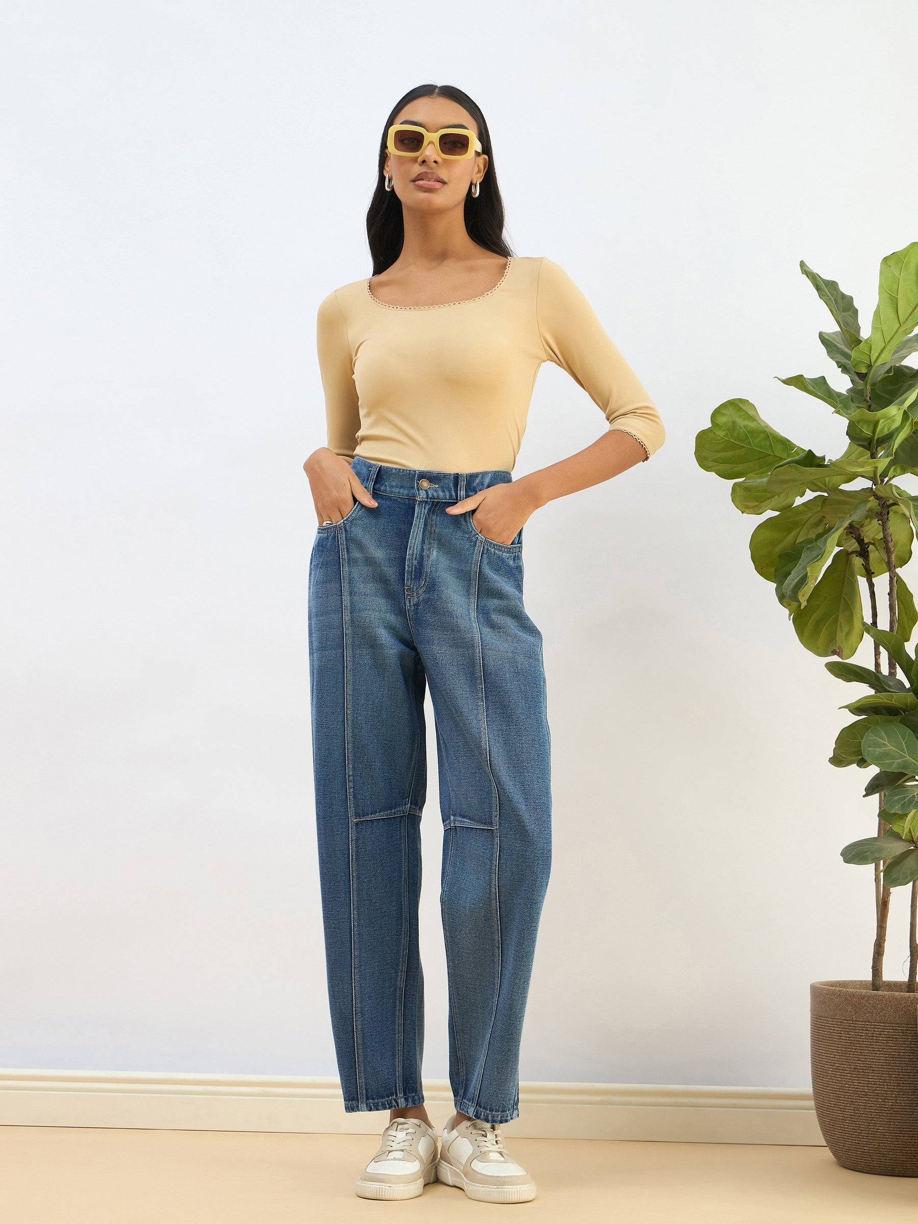 Blue Washed Balloon Fit Jeans-SASSAFRAS BASICS