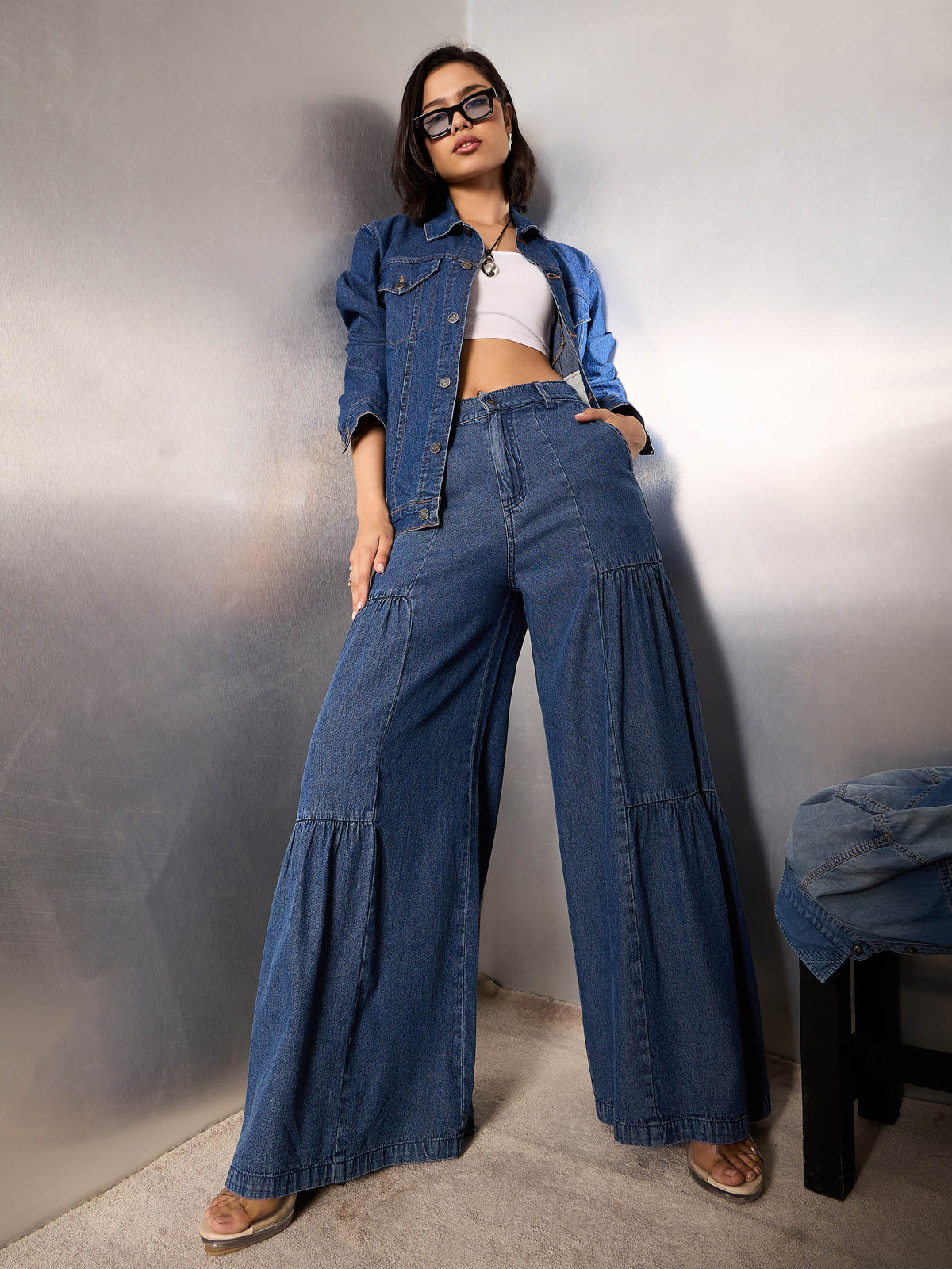 Blue Washed Gathered Front Flared Jeans-SASSAFRAS