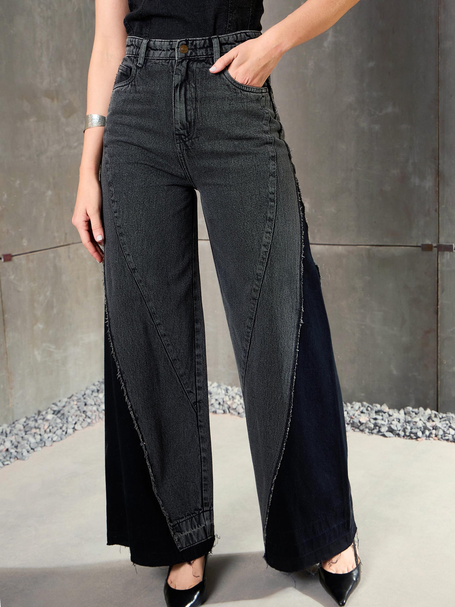 Black Washed ColorBlock Wide Leg Jeans-SASSAFRAS