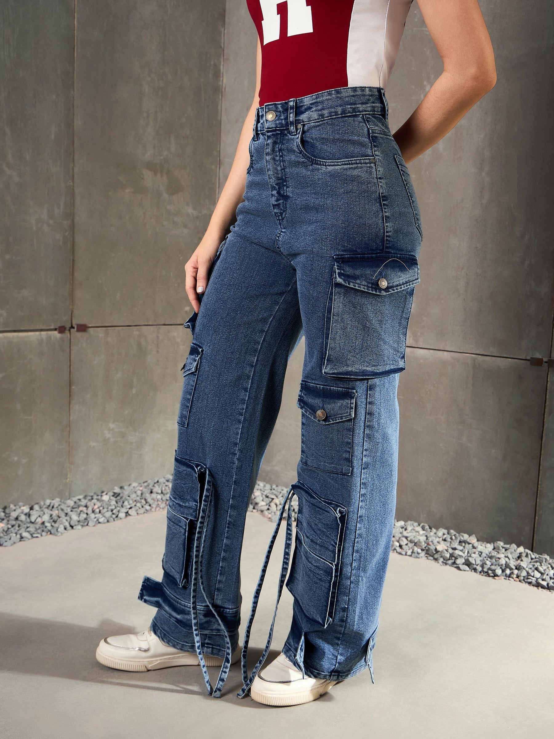 Blue Washed Multi Pocket Cargo Jeans-SASSAFRAS