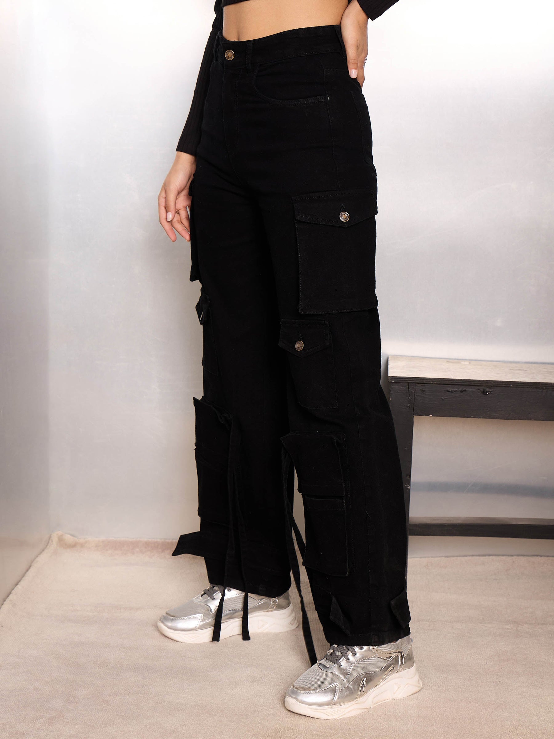 Jet Black Multi Pocket Cargo Jeans-SASSAFRAS