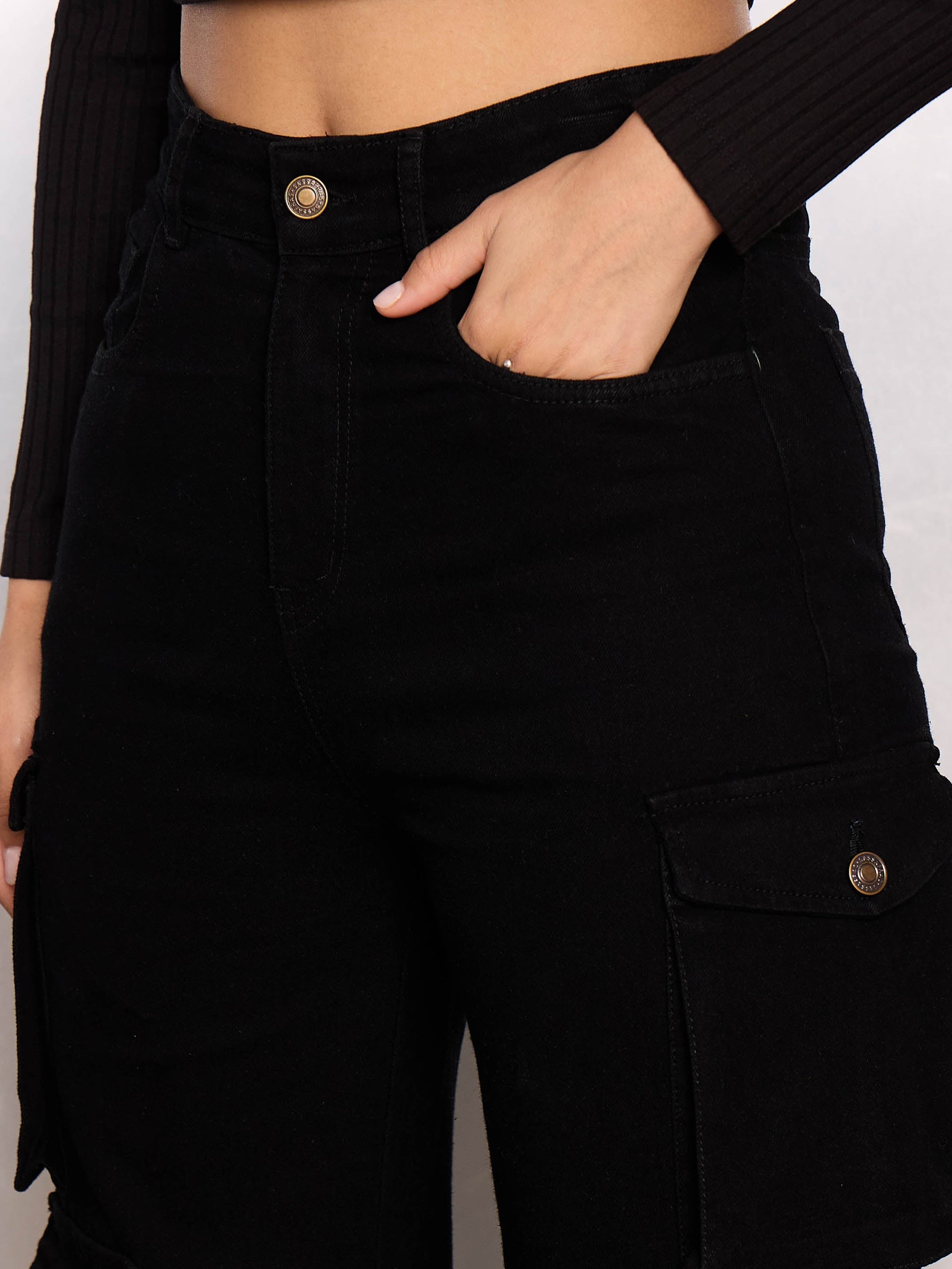 Jet Black Multi Pocket Cargo Jeans-SASSAFRAS