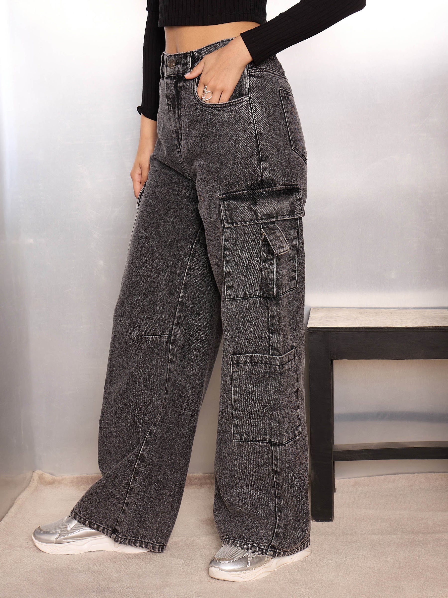 Grey Washed Cargo Jeans-SASSAFRAS