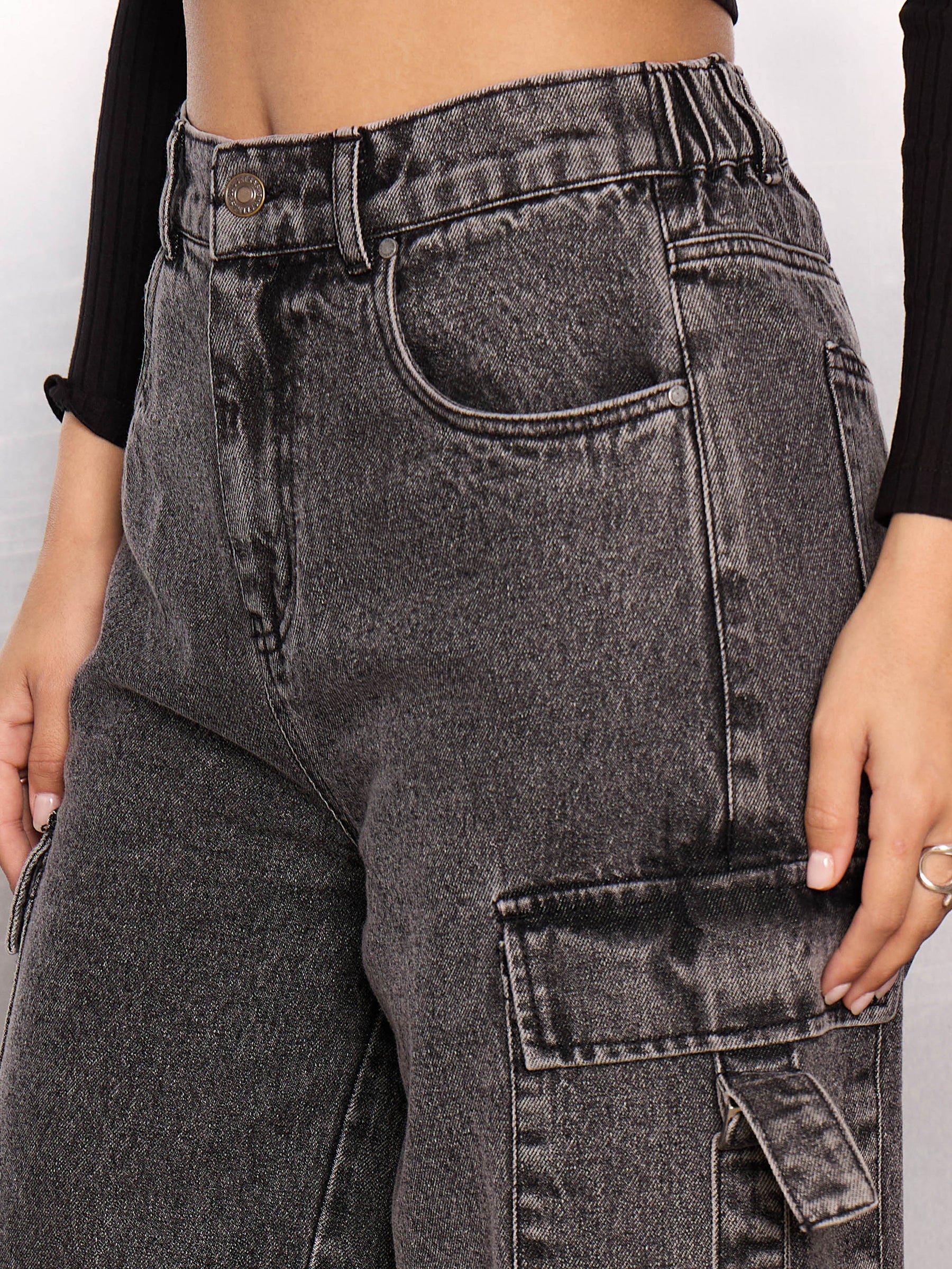 Grey Washed Cargo Jeans-SASSAFRAS
