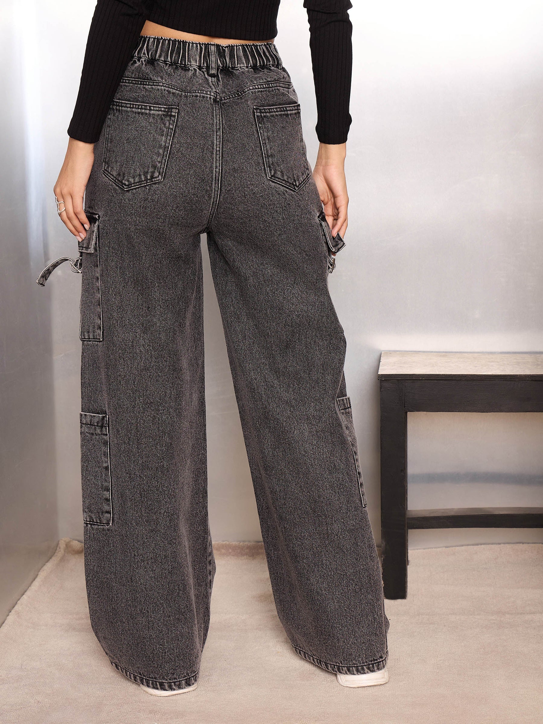 Grey Washed Cargo Jeans-SASSAFRAS