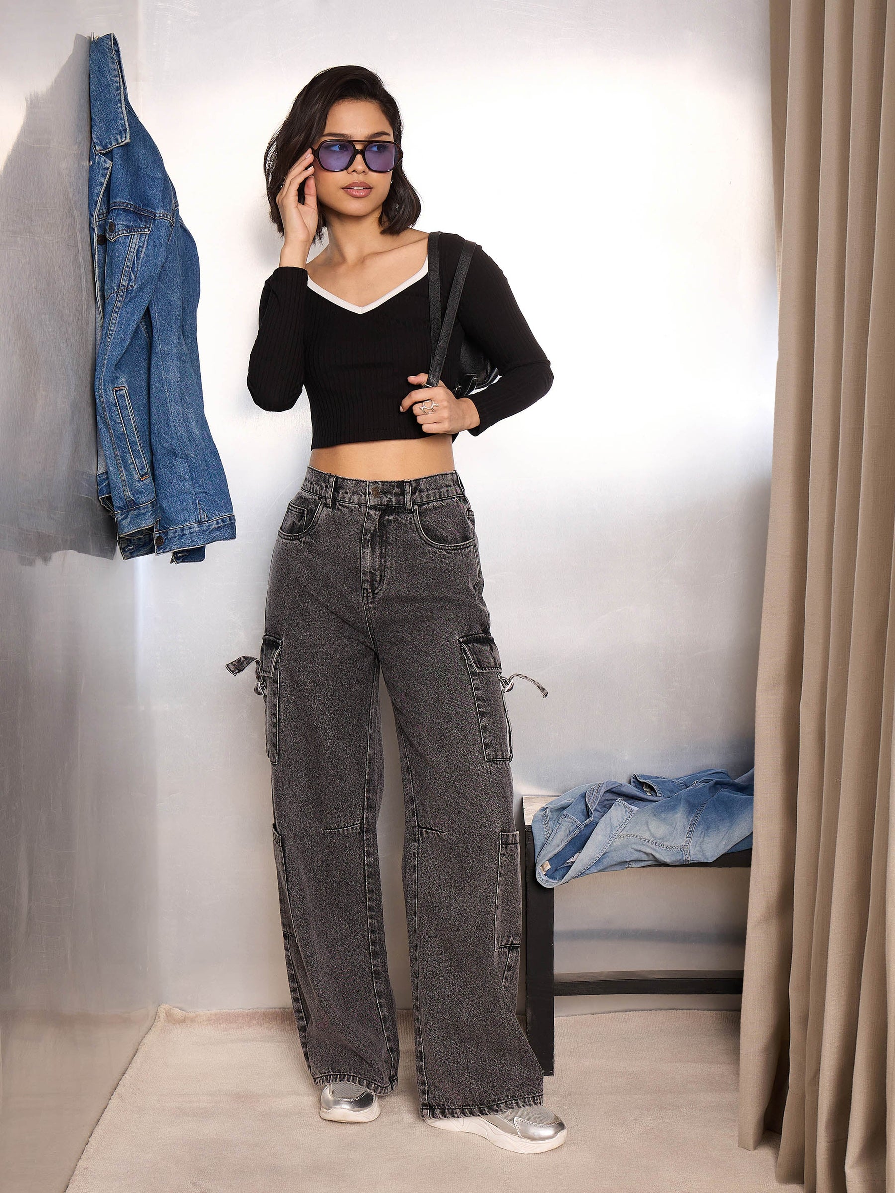 Grey Washed Cargo Jeans-SASSAFRAS