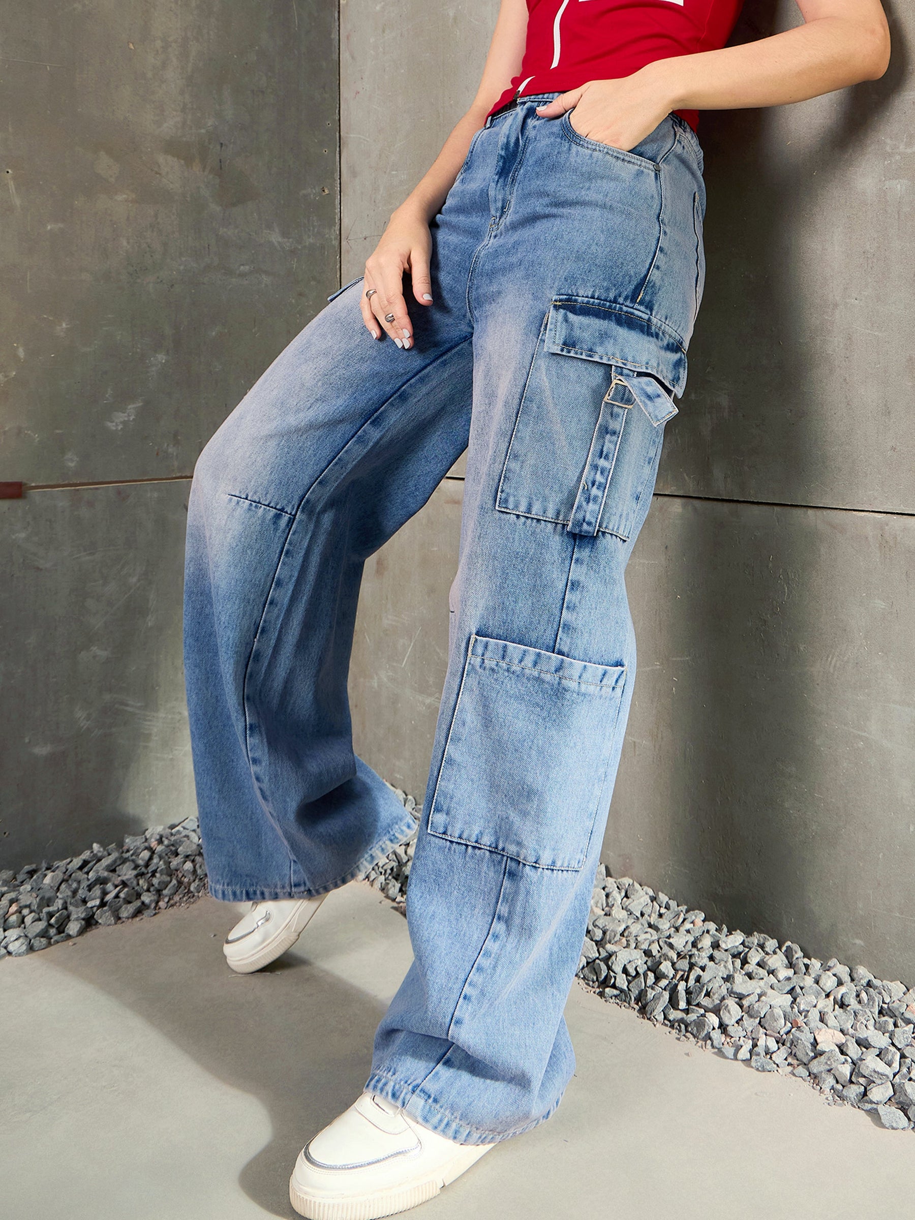 Blue Washed Cargo Jeans-SASSAFRAS