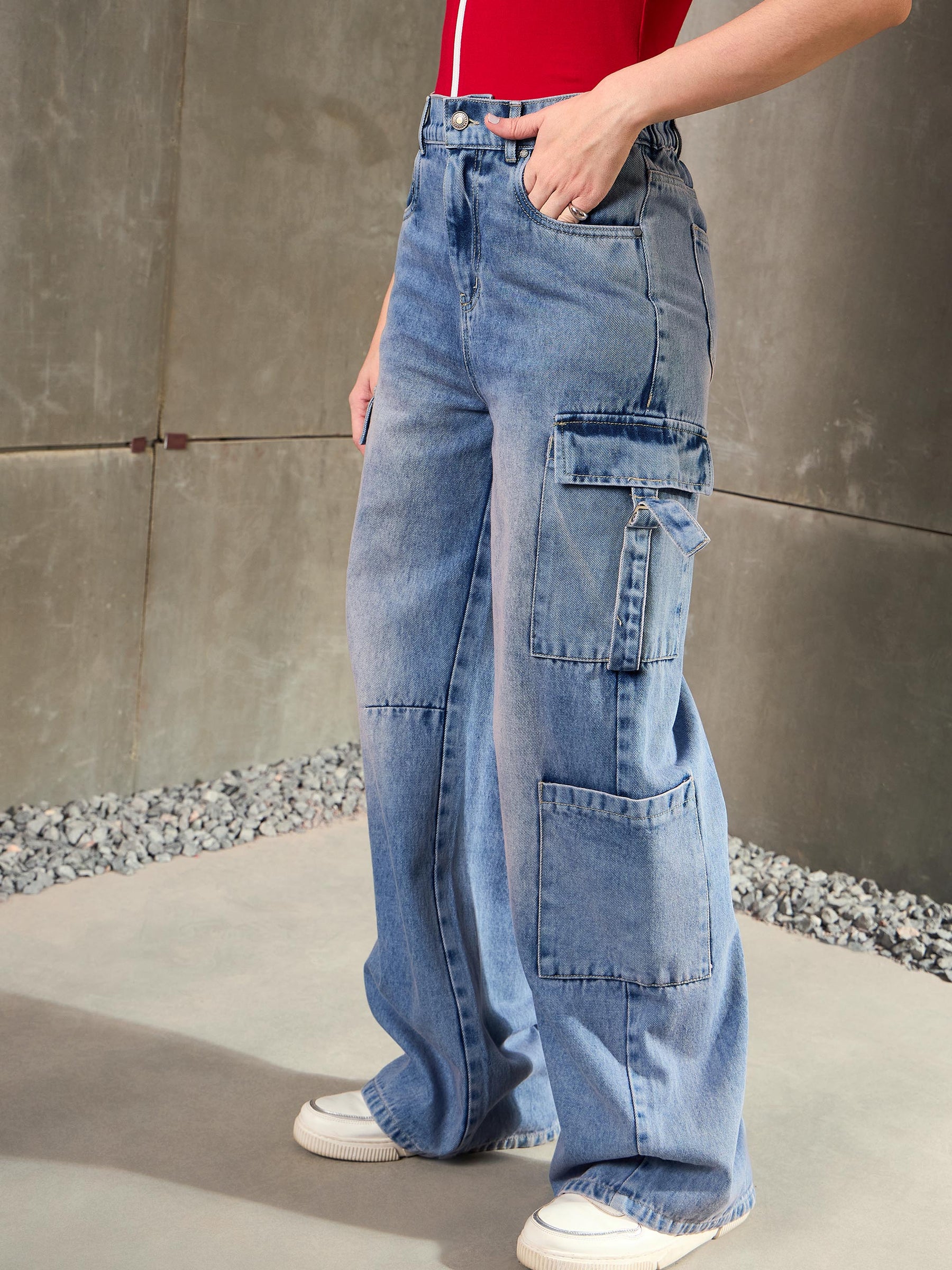 Blue Washed Cargo Jeans-SASSAFRAS