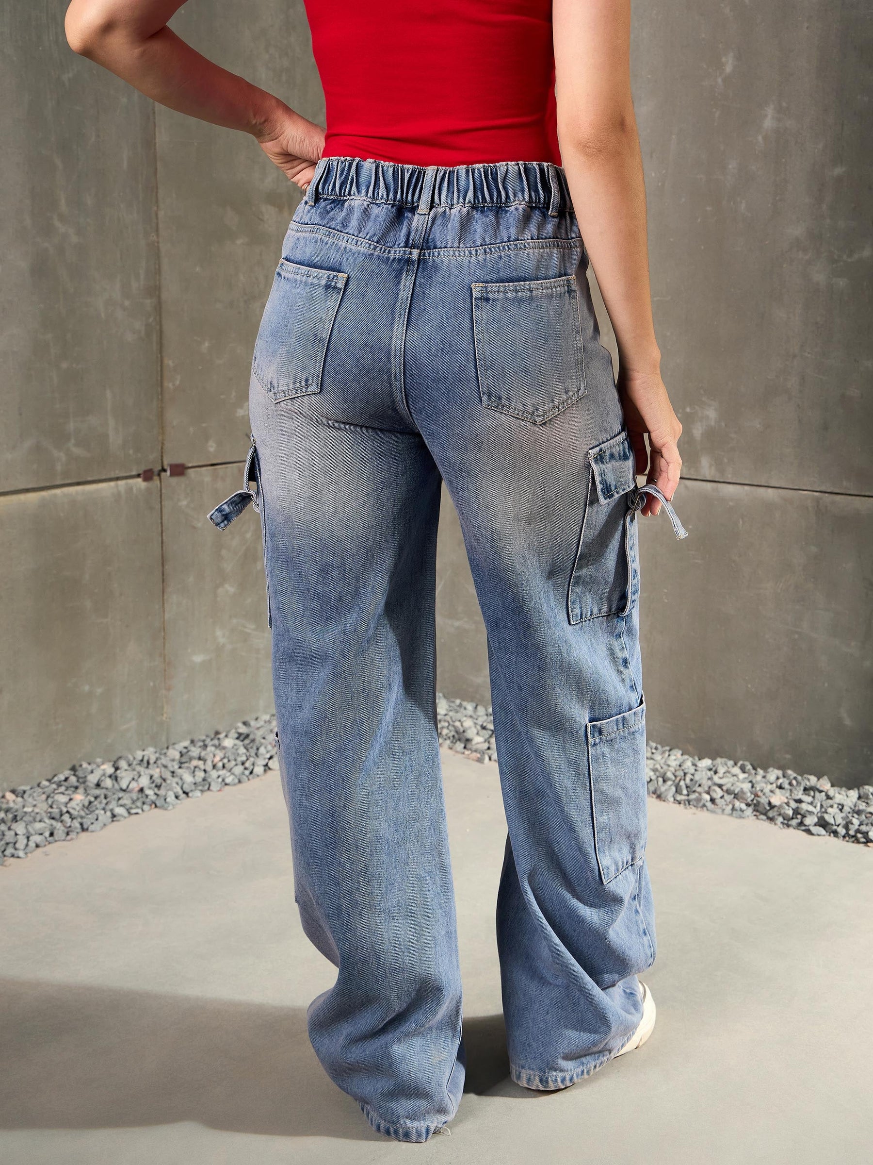 Blue Washed Cargo Jeans-SASSAFRAS