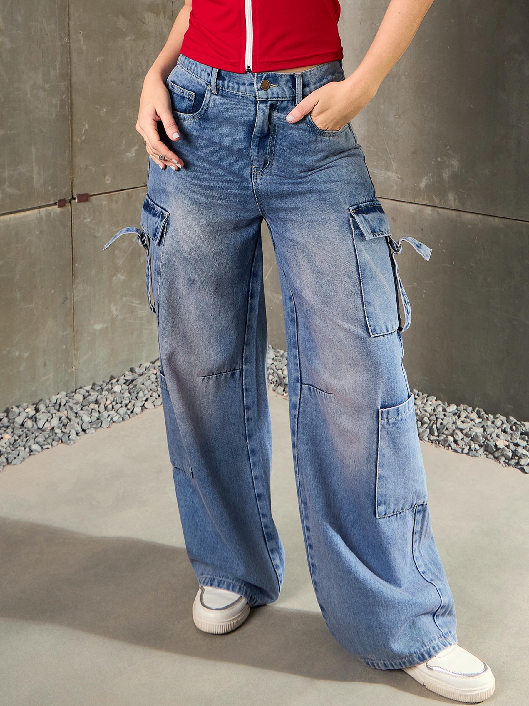 Blue Washed Cargo Jeans-SASSAFRAS