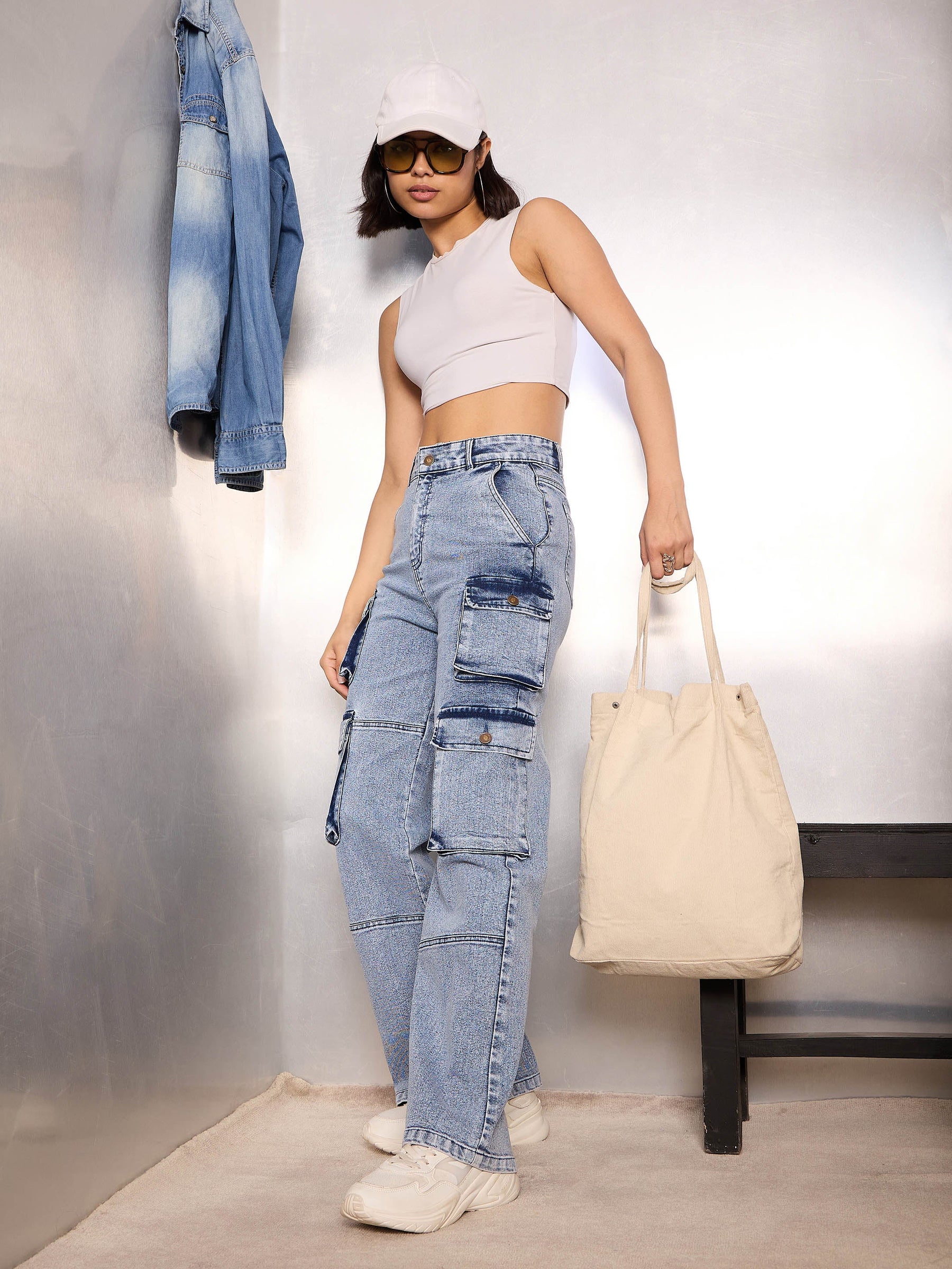 Blue Cargo Pockets Jeans-SASSAFRAS