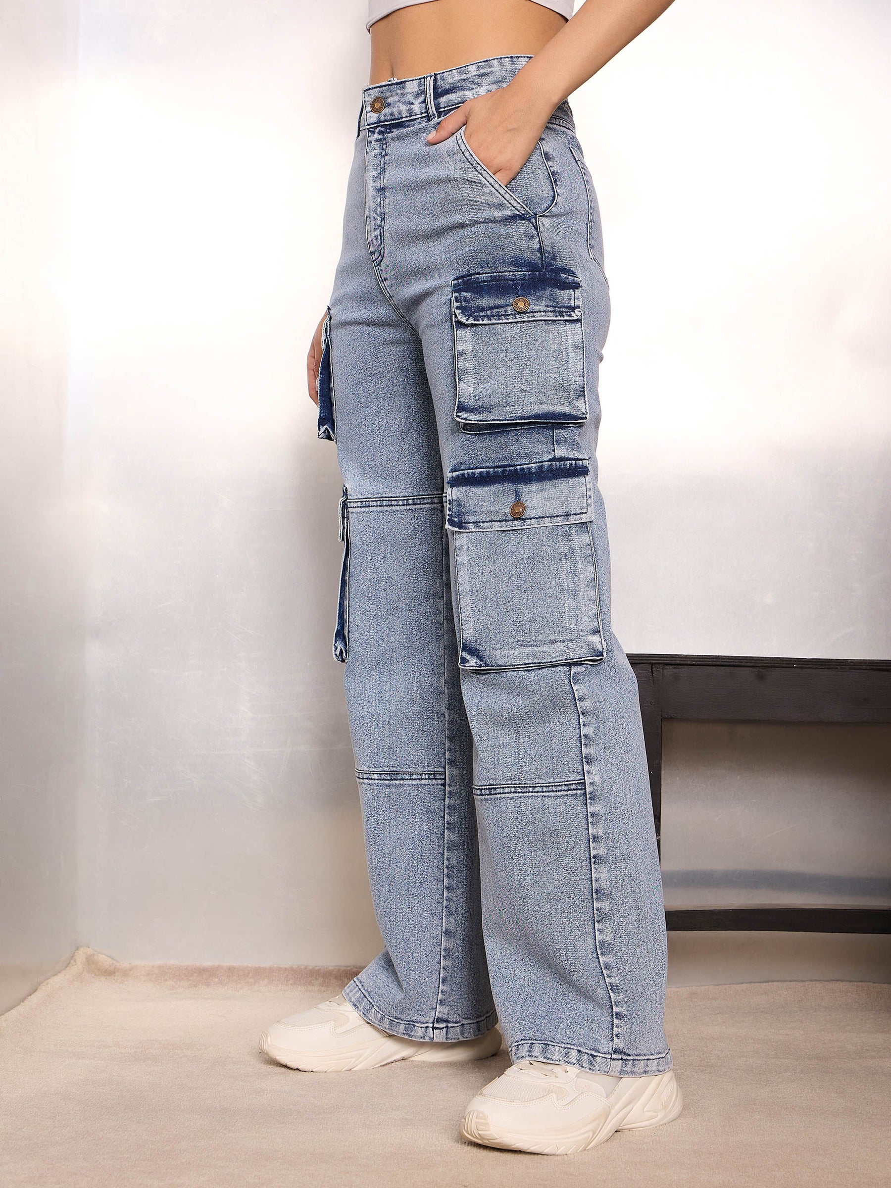 Blue Cargo Pockets Jeans-SASSAFRAS
