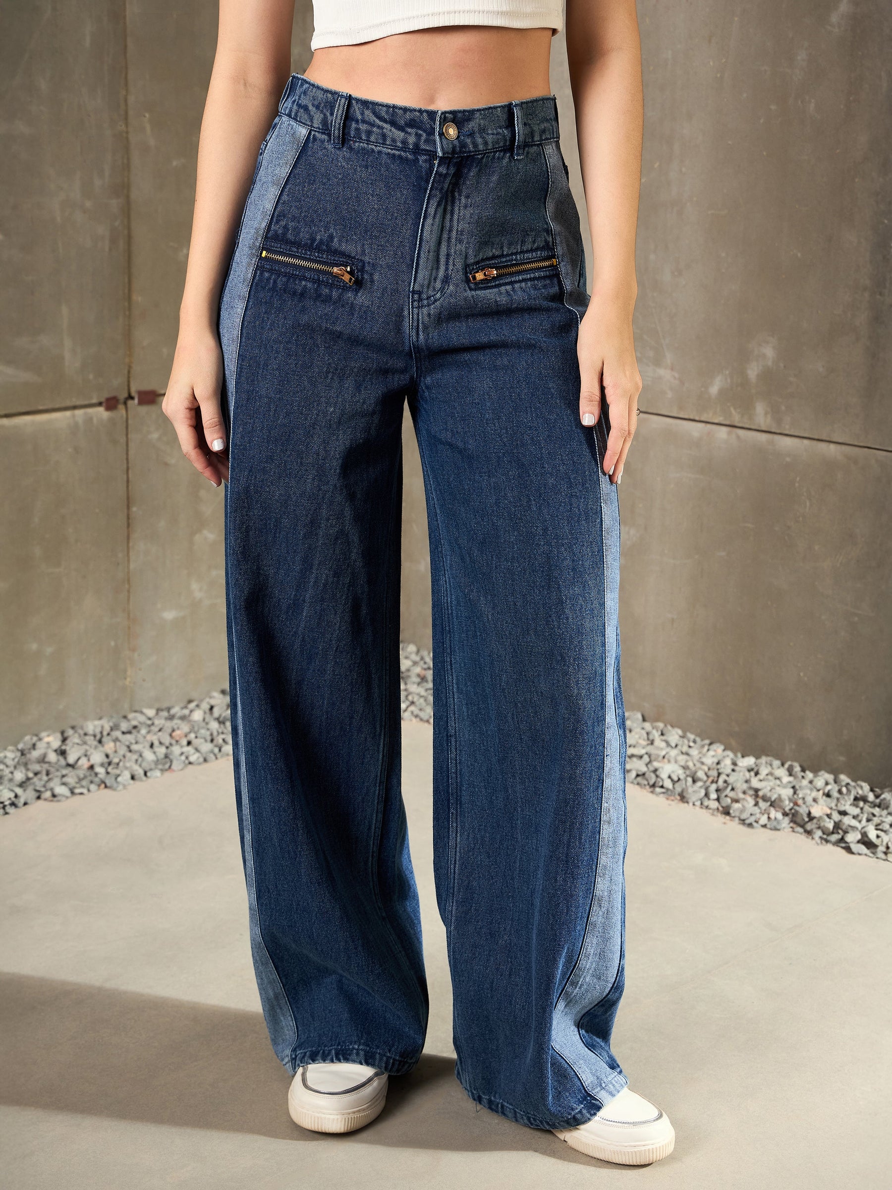 Navy Blue ColorBlock Zipper Detail Wide Leg Jeans-SASSAFRAS