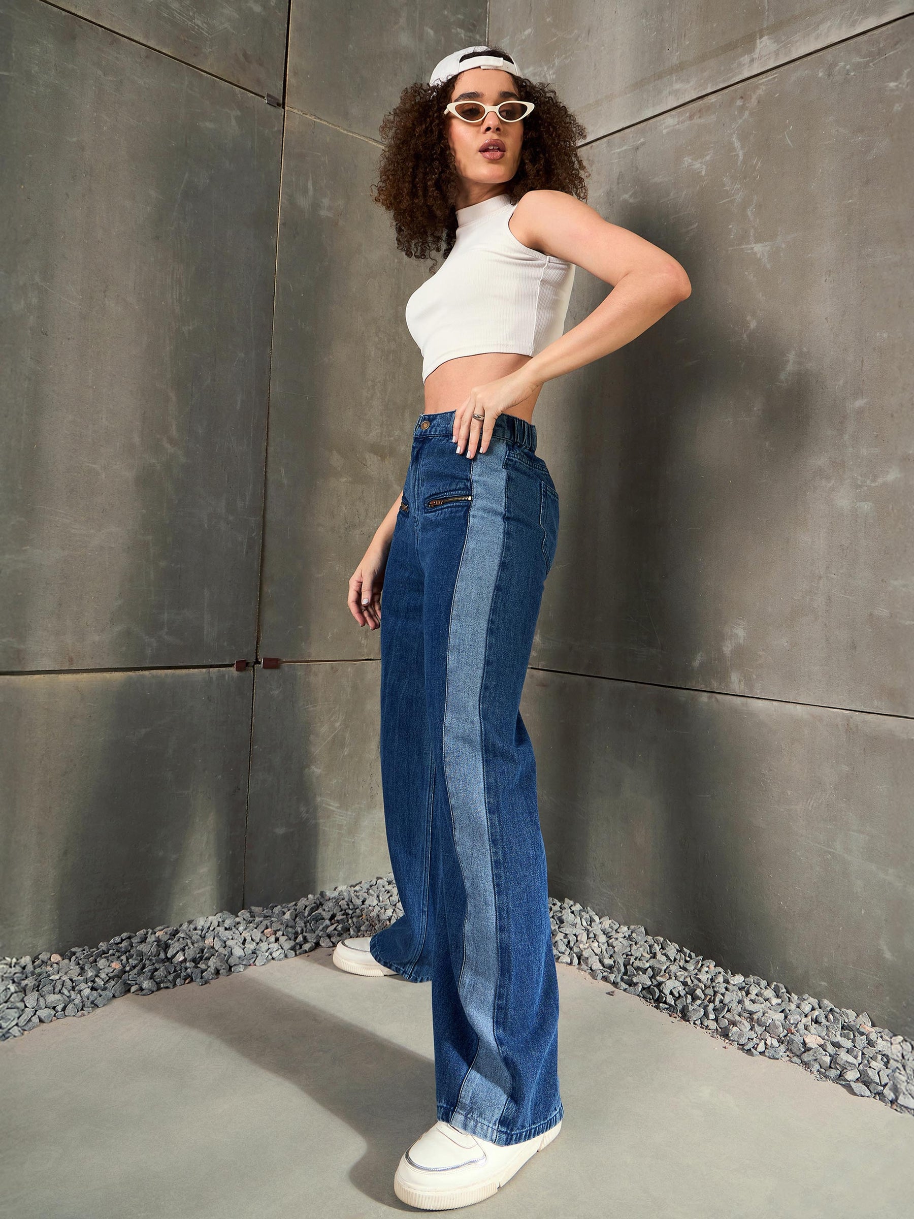 Navy Blue ColorBlock Zipper Detail Wide Leg Jeans-SASSAFRAS