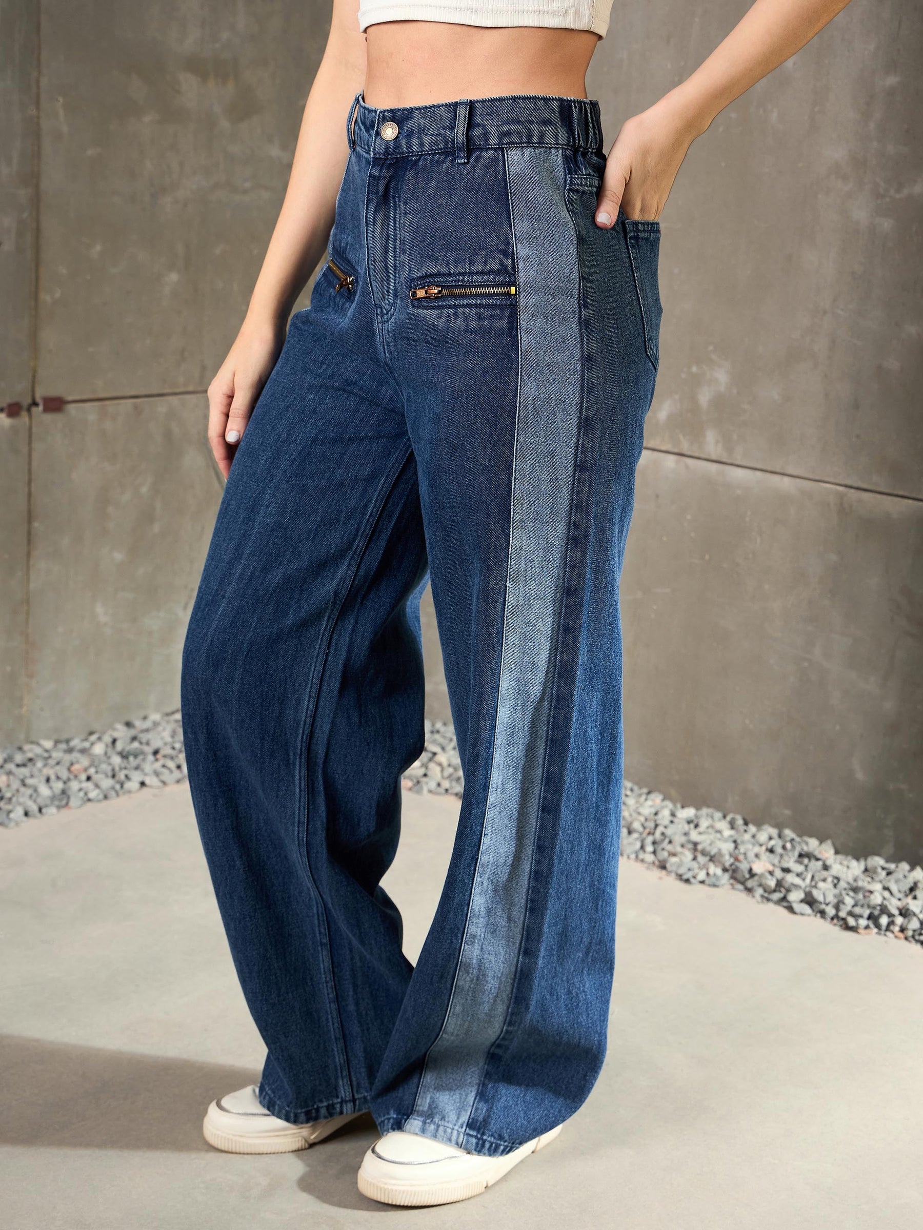 Navy Blue ColorBlock Zipper Detail Wide Leg Jeans-SASSAFRAS