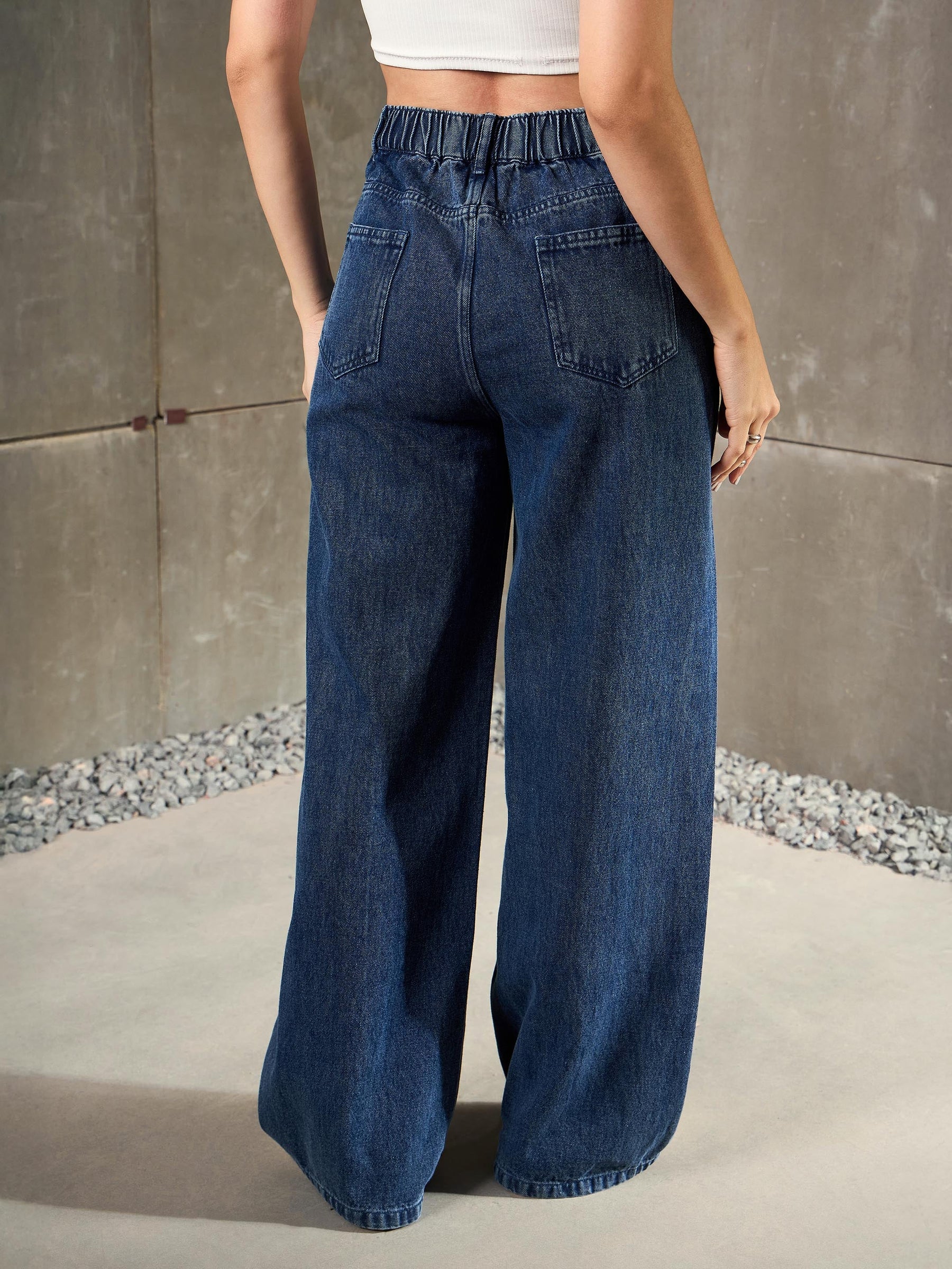 Navy Blue ColorBlock Zipper Detail Wide Leg Jeans-SASSAFRAS