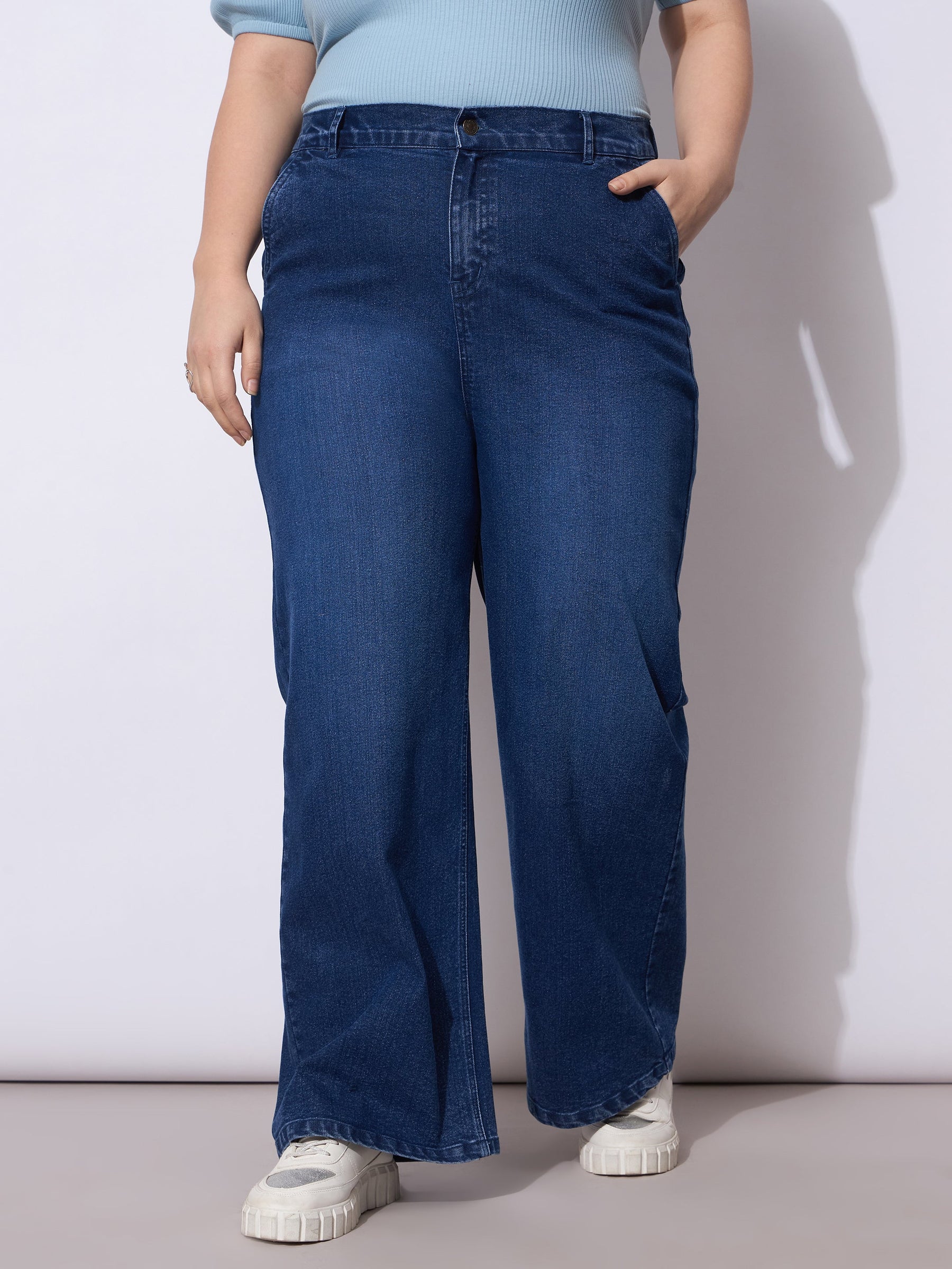 Navy Acid Wash Straight Fit Jeans-SASSAFRAS Curve