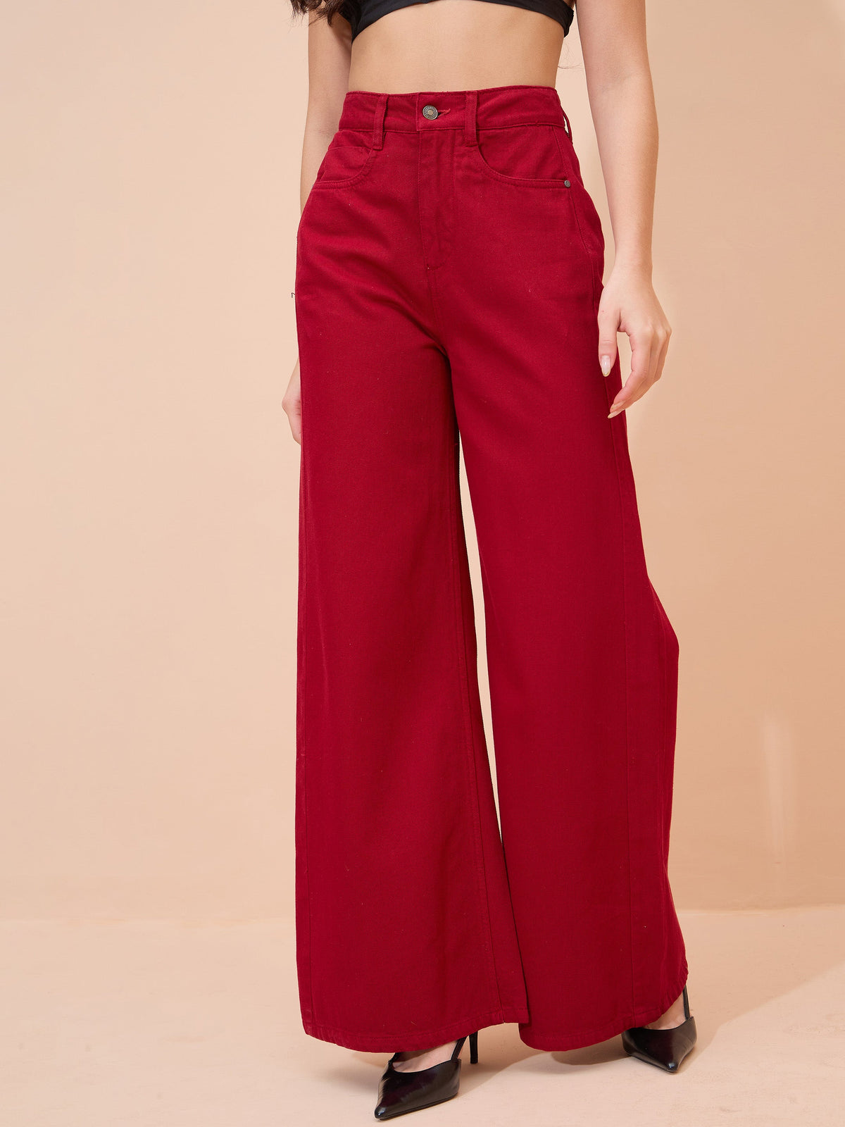 Red Straight Fit Flared Jeans-SASSAFRAS