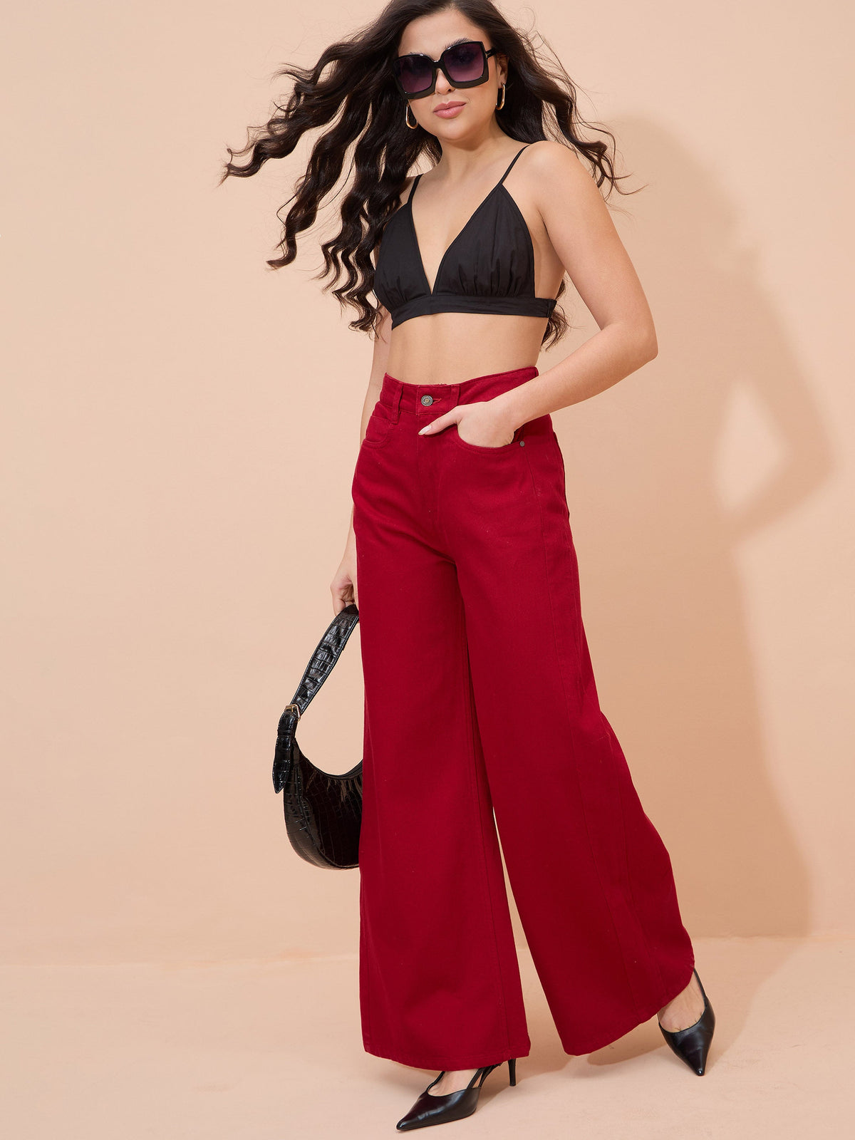 Red Straight Fit Flared Jeans-SASSAFRAS