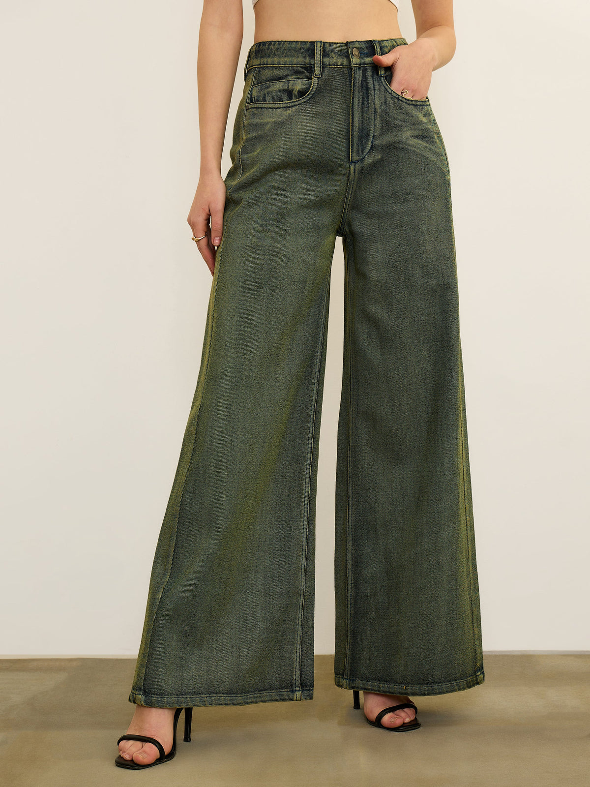 Green Overdyed Straight Fit Flared Jeans-SASSAFRAS