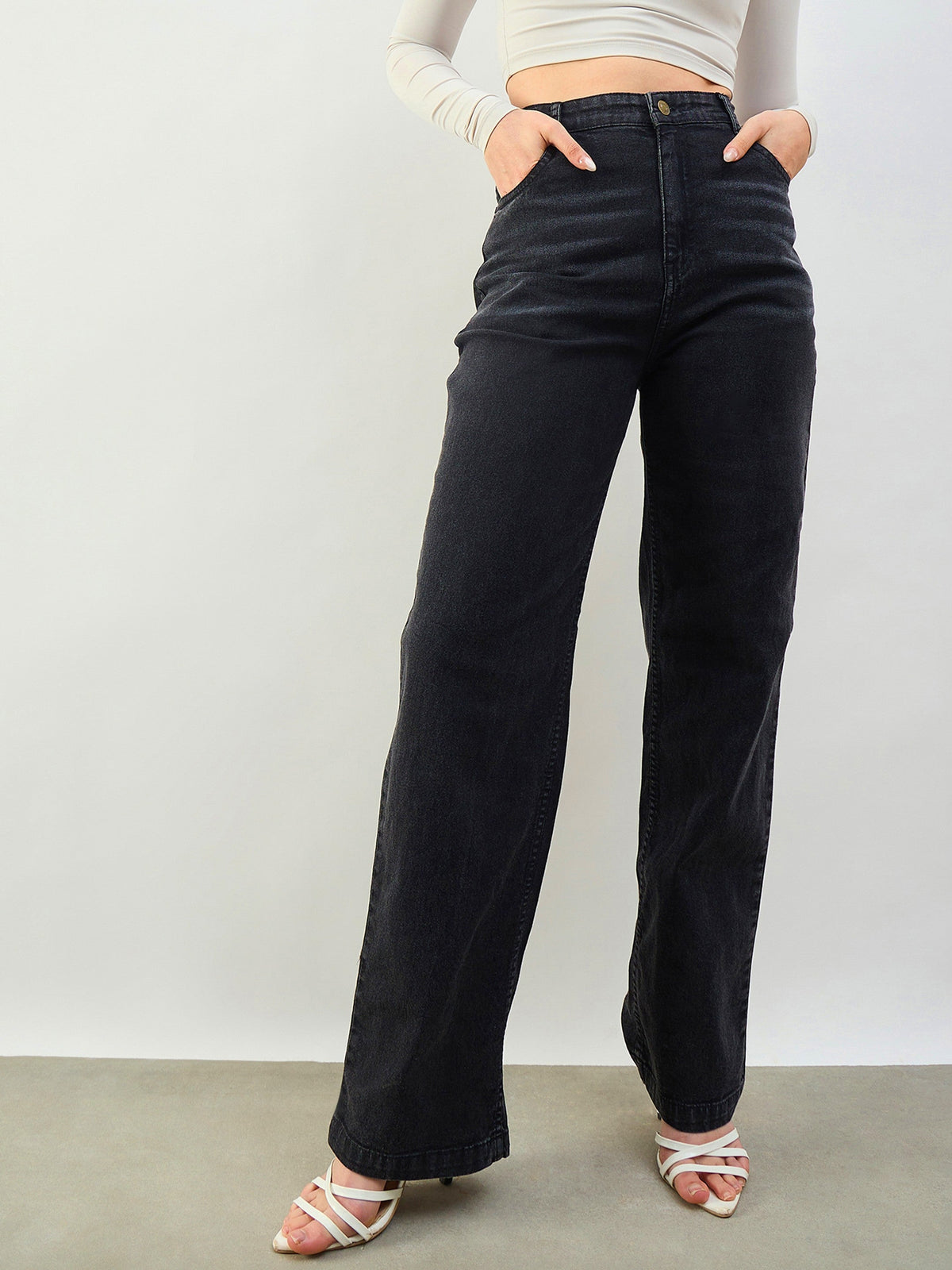 Black Whisker High Waist Straight Fit Jeans-SASSAFRAS BASICS