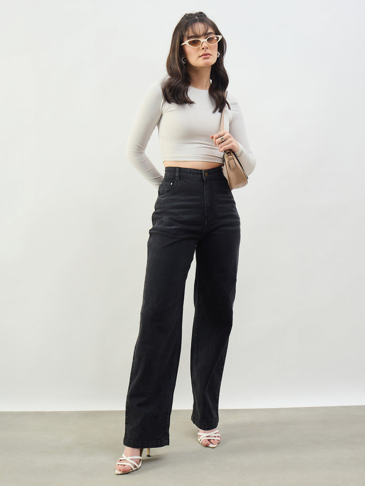 Black Whisker High Waist Straight Fit Jeans-SASSAFRAS BASICS