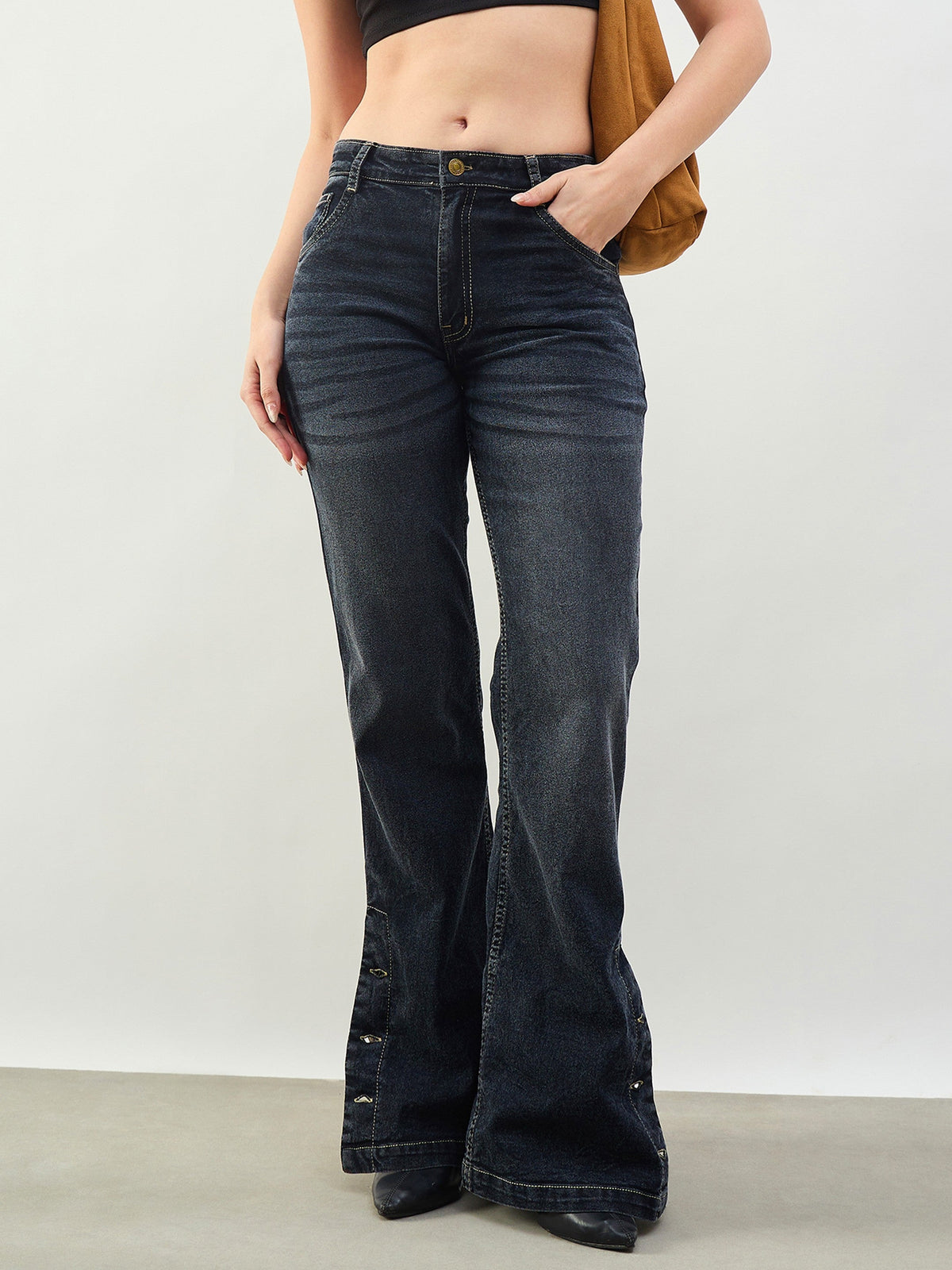 Black Washed Button-at-Hem Boot Cut Jeans-SASSAFRAS BASICS