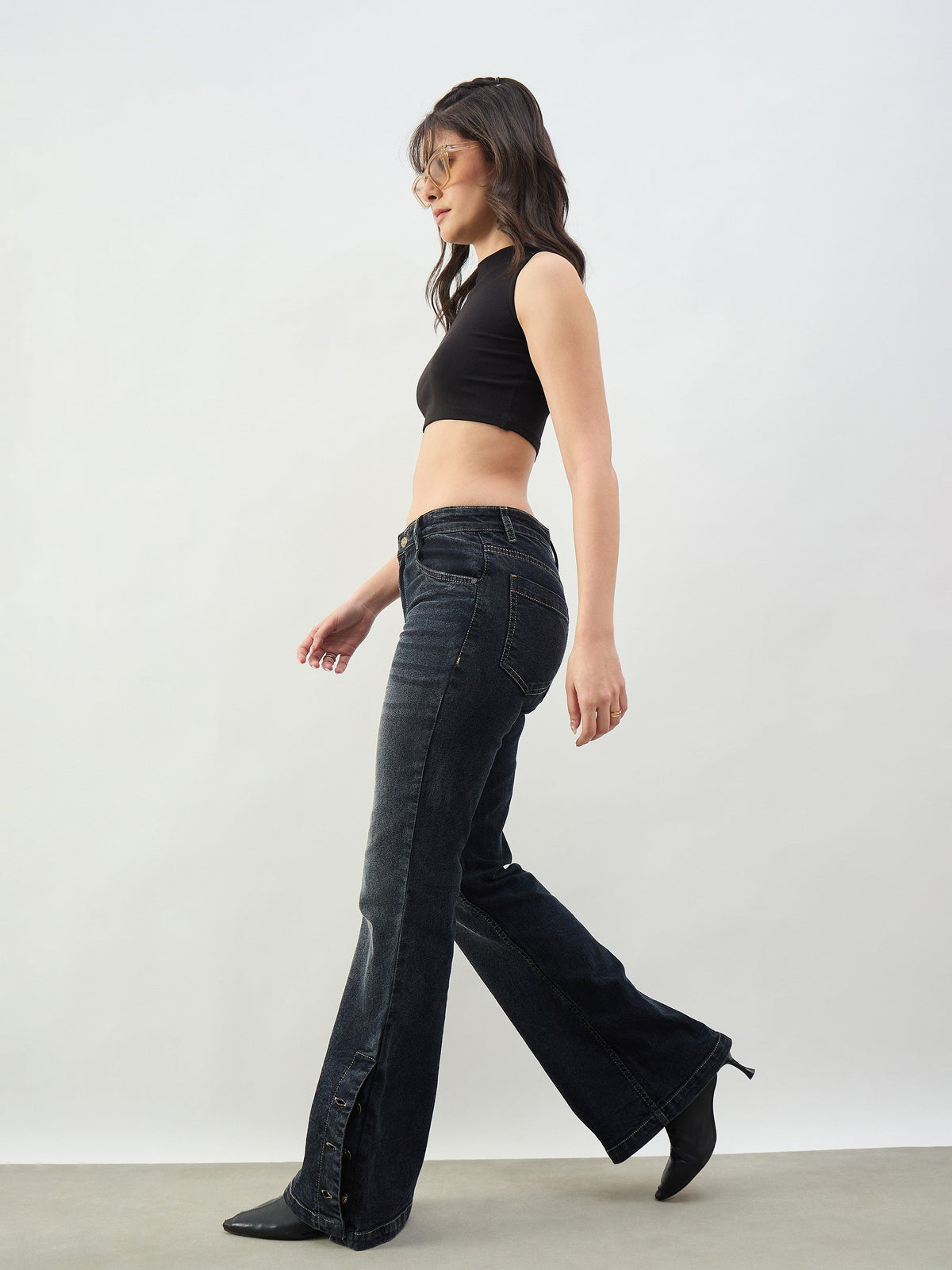 Black Washed Button-at-Hem Boot Cut Jeans-SASSAFRAS BASICS