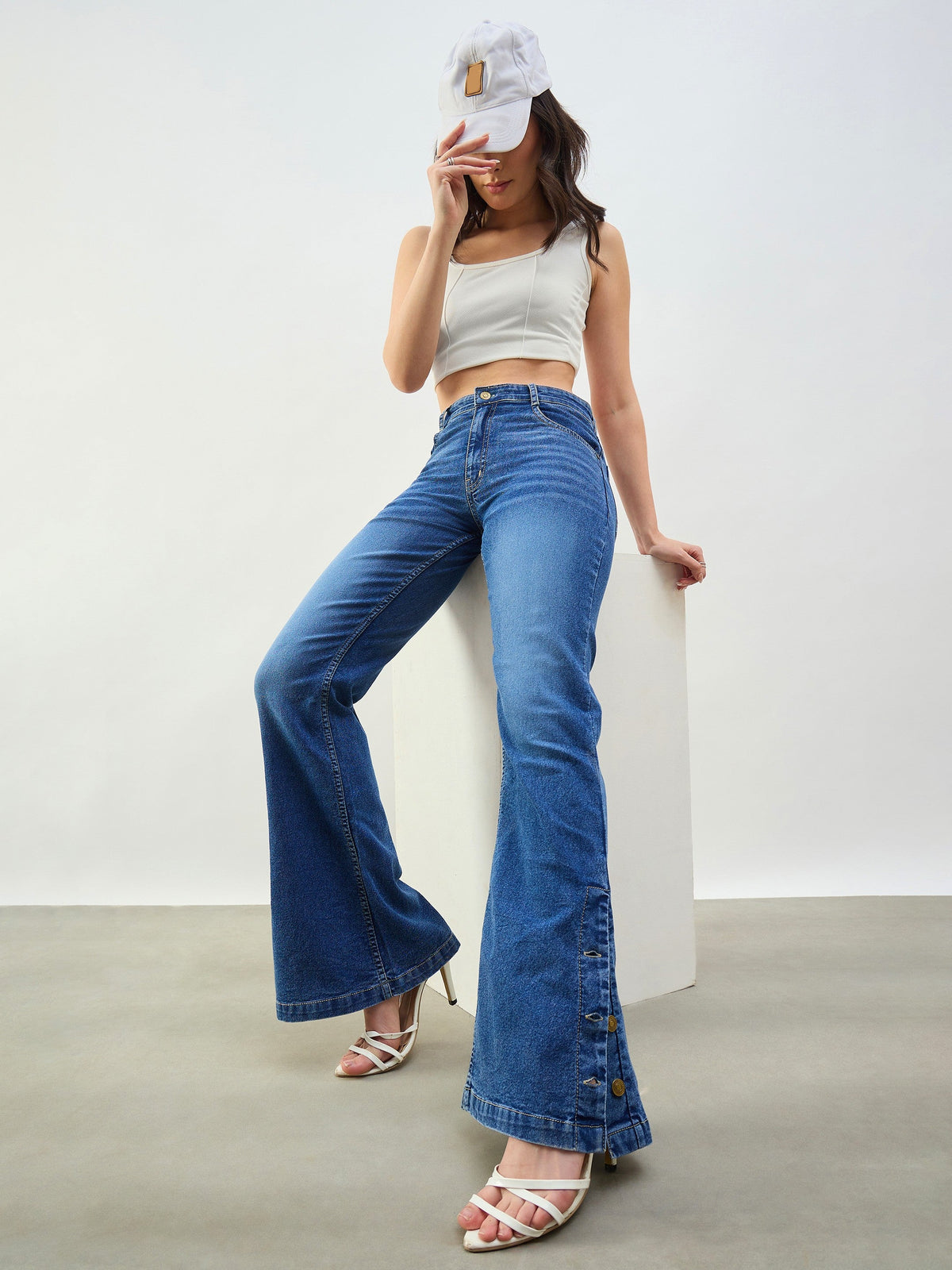 Blue Washed Button-at-Hem Boot Cut Jeans-SASSAFRAS BASICS