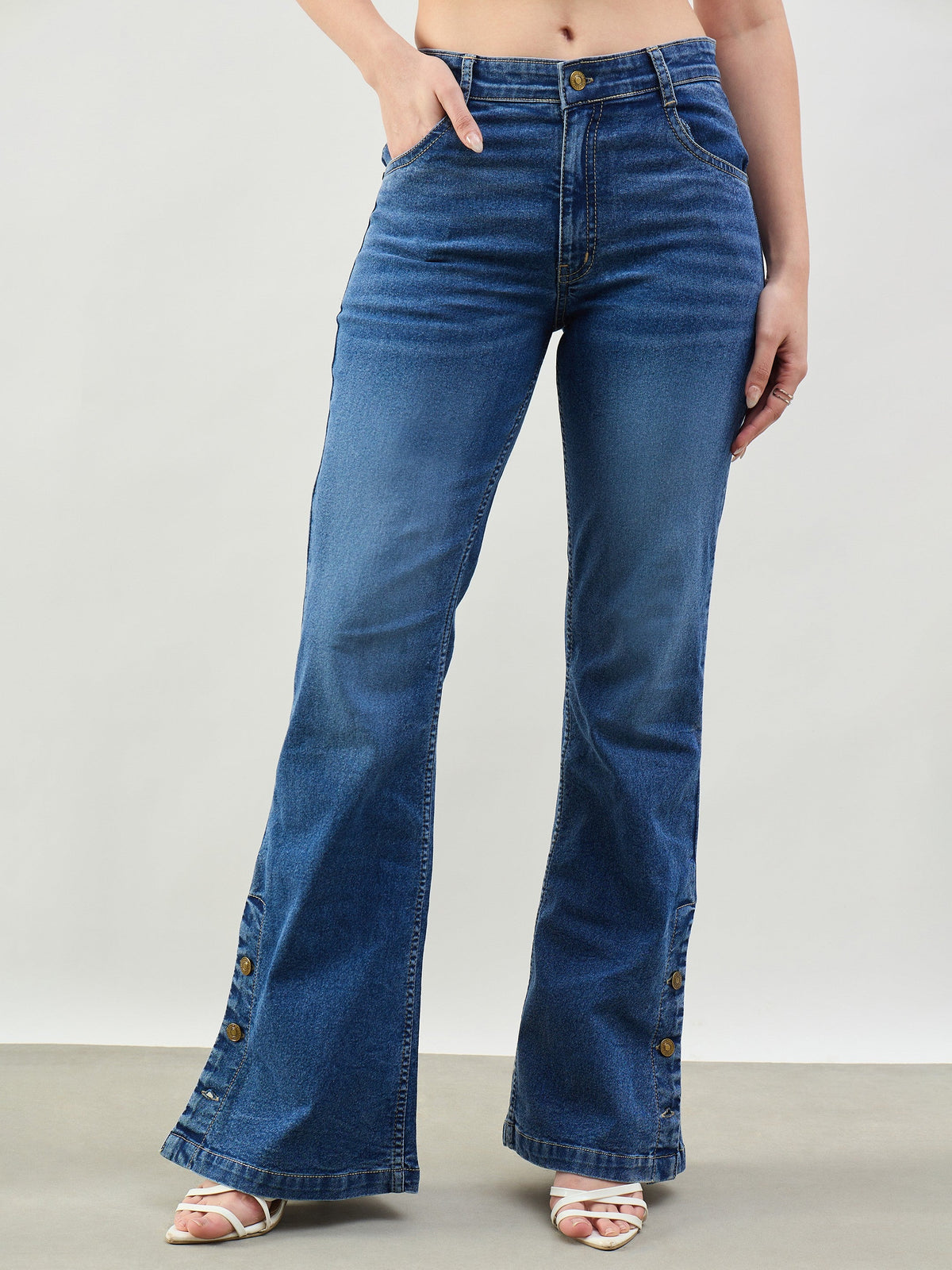 Blue Washed Button-at-Hem Boot Cut Jeans-SASSAFRAS BASICS