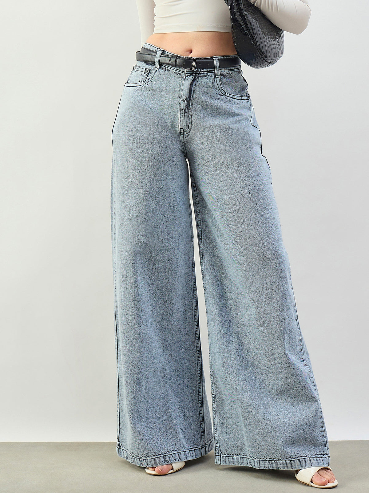 Grey Wash Low Waist Wide Leg Jeans -SASSAFRAS BASICS
