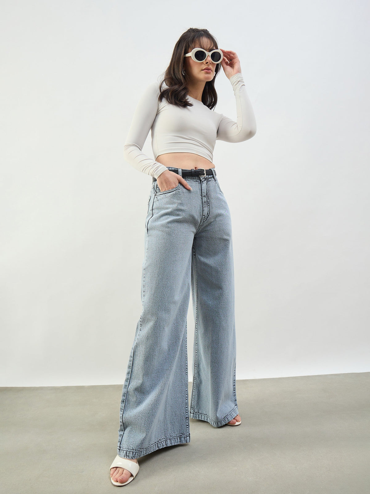 Grey Wash Low Waist Wide Leg Jeans -SASSAFRAS BASICS