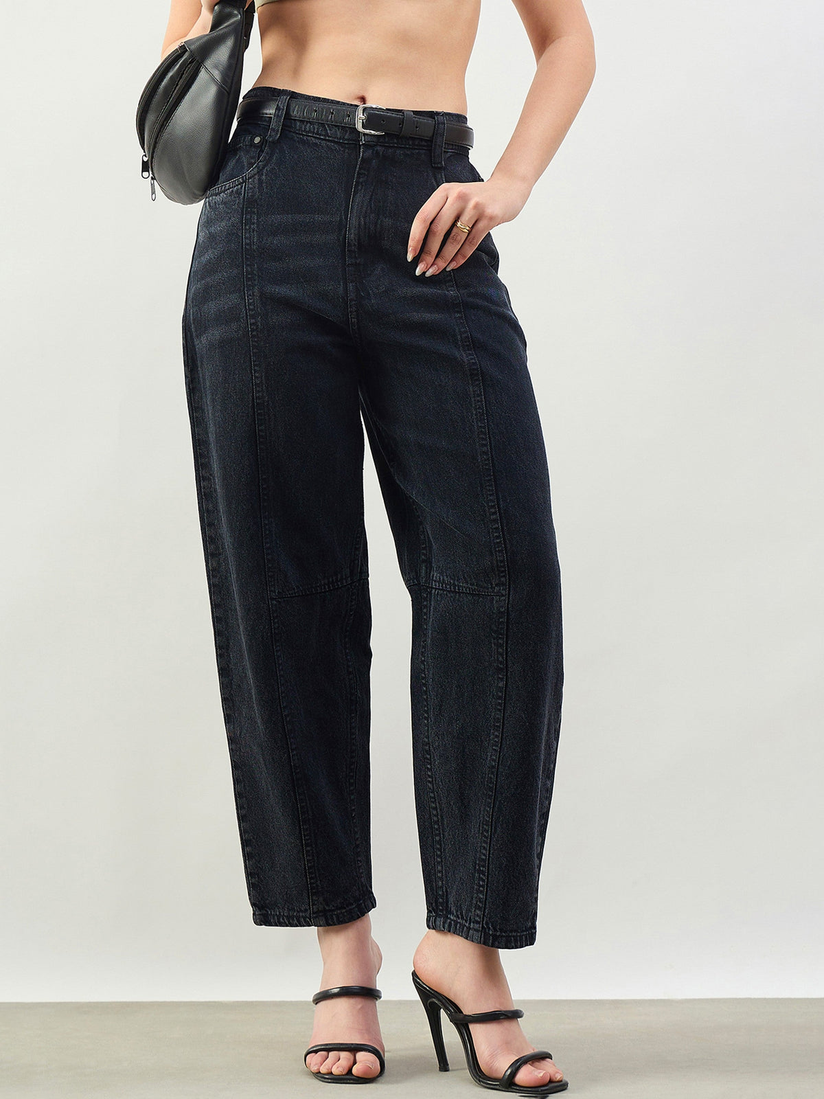 Black Wash Front Seam Balloon Fit Jeans-SASSAFRAS BASICS