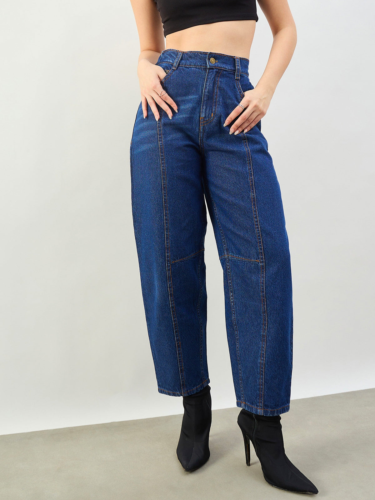 Blue Wash Front Seam Balloon Fit Jeans-SASSAFRAS BASICS