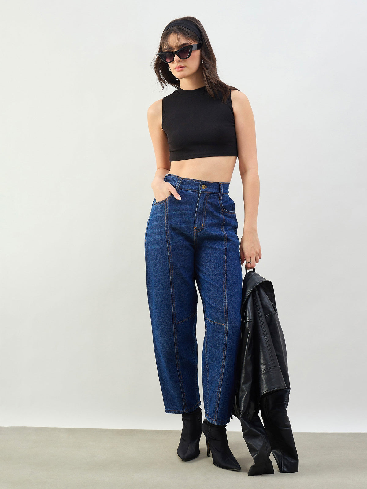 Blue Wash Front Seam Balloon Fit Jeans-SASSAFRAS BASICS